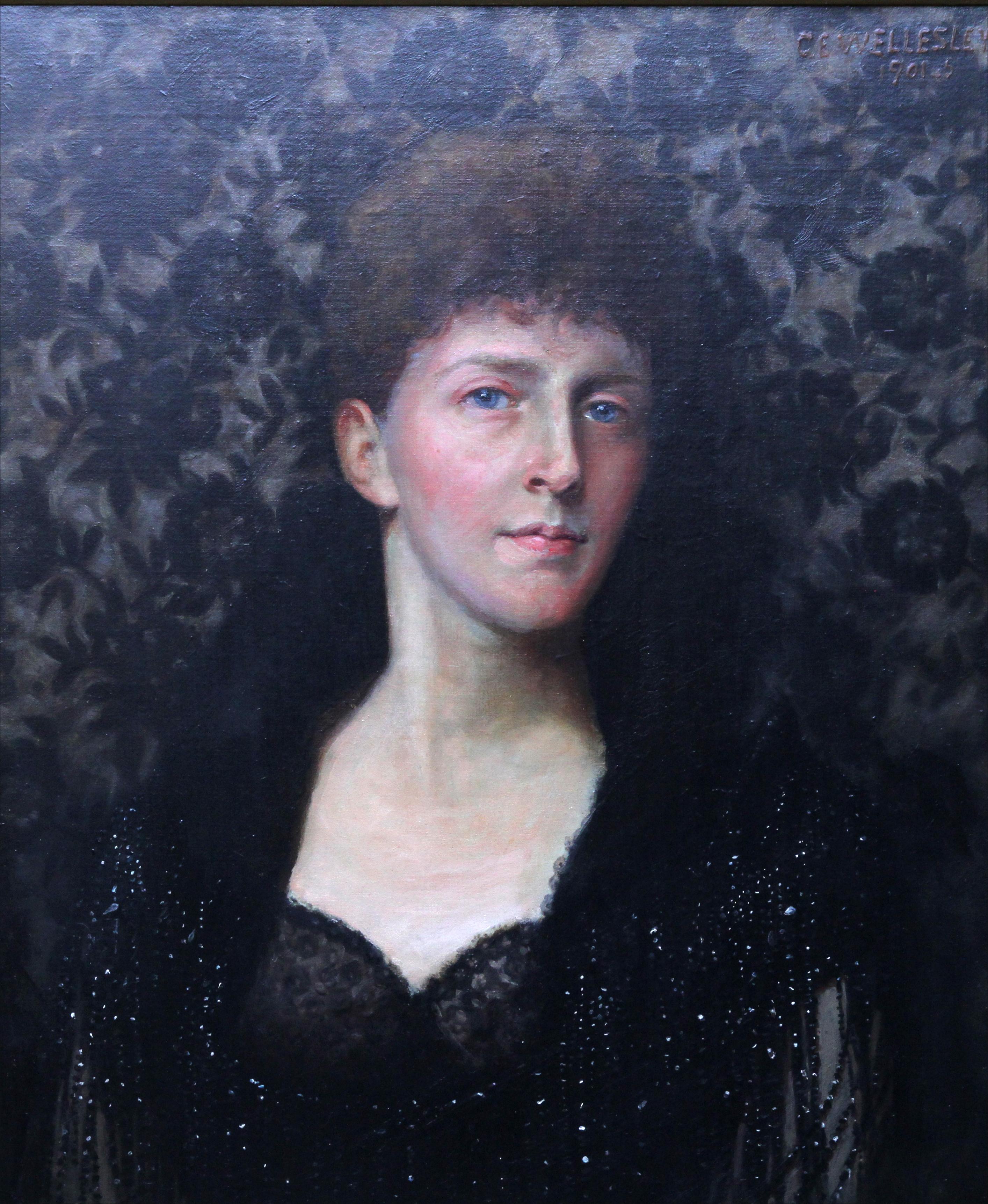 Portrait of a Lady - Nora H Palairet- British Edwardian Pre-raphaelite oil - Painting by Gerald E. Wellesley