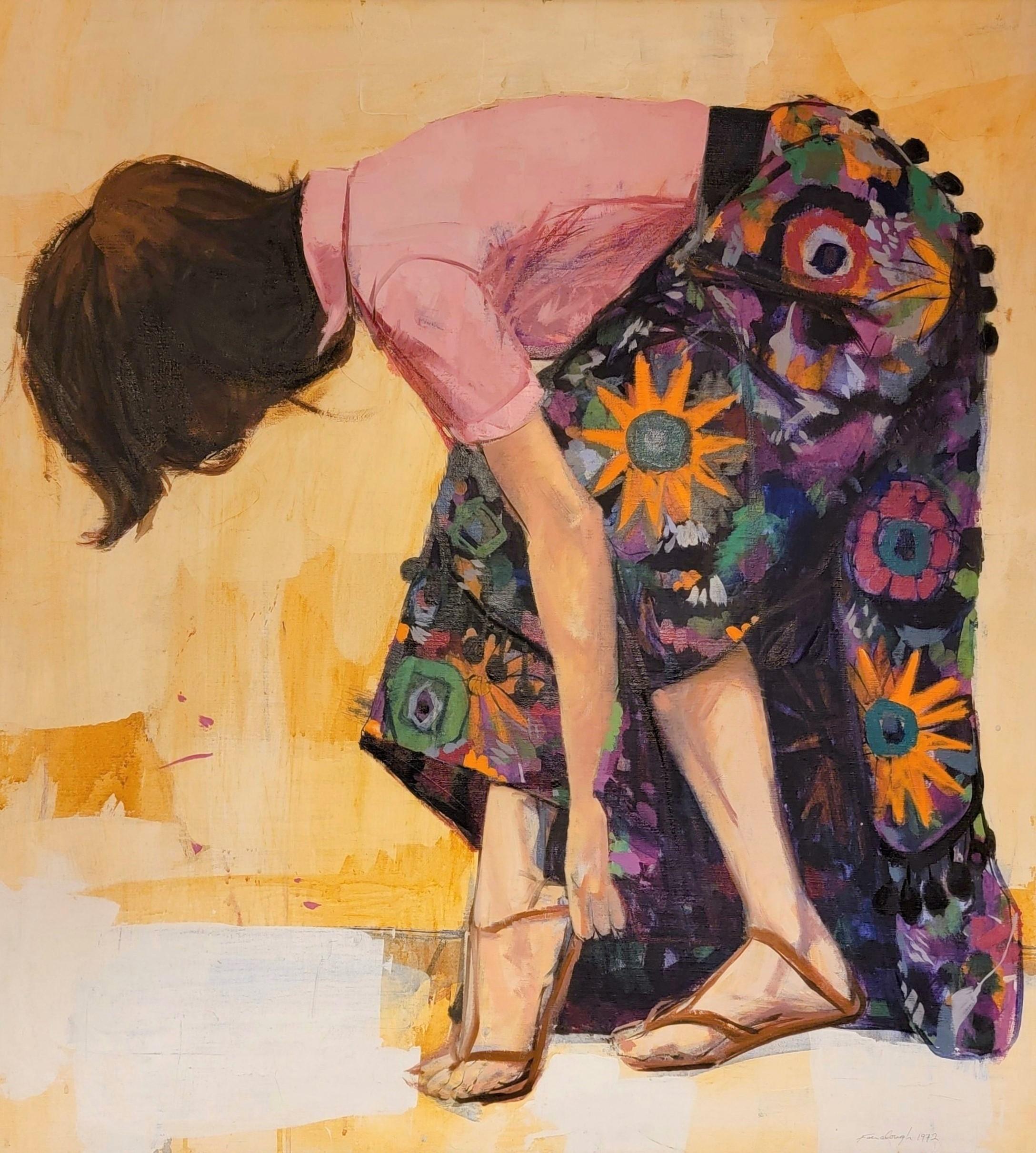 Chica agachada, 1974, Pintura moderna de mediados de siglo de Gerald Fairclough, Colorida 1
