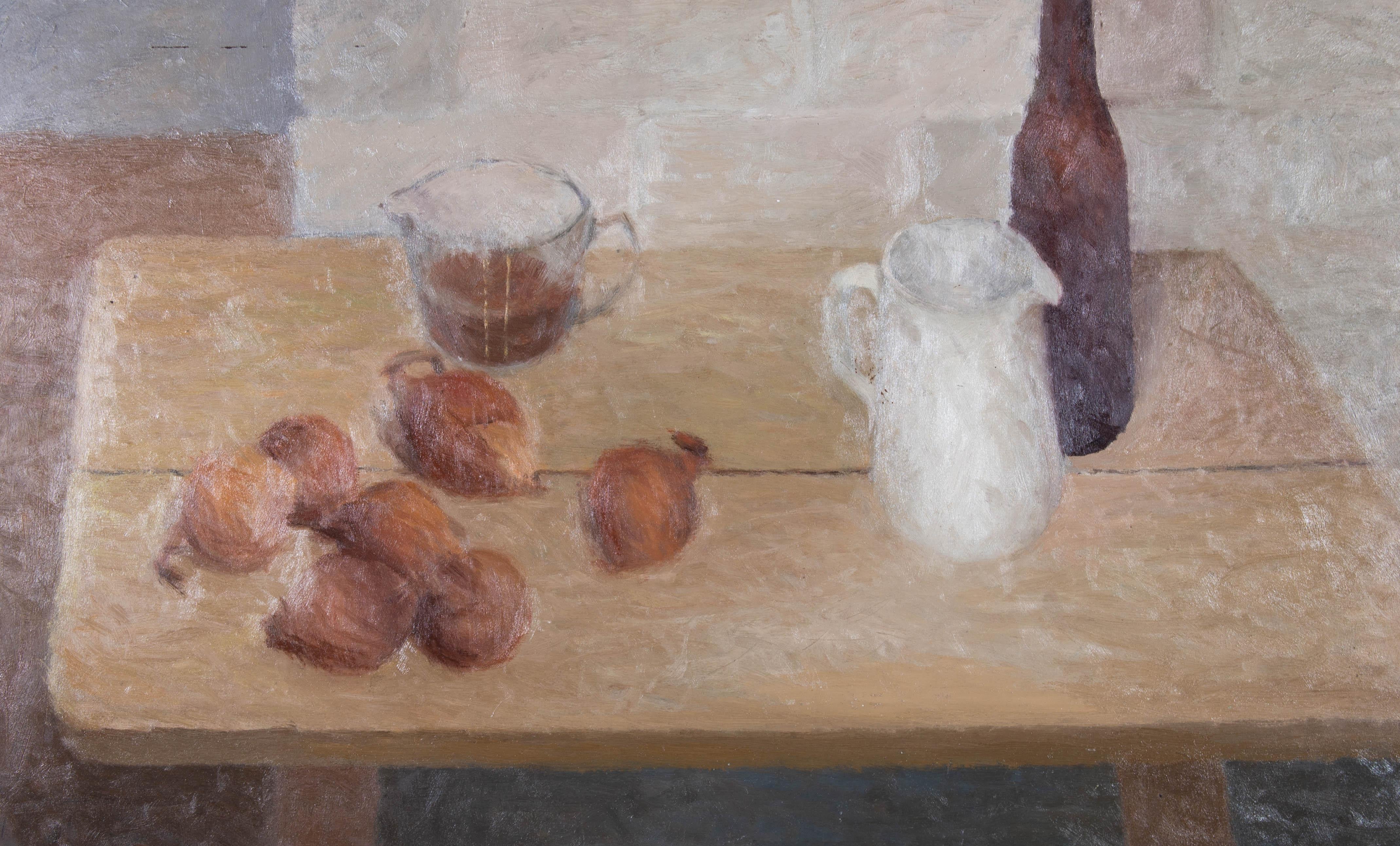 A charmingly rustic oil still life showing a pile of onions on a wooden kitchen bench with a measuring jug full of brown liquid and several other vessels. The painting has a tangible domesticity with muted colours and honest subject matter. The