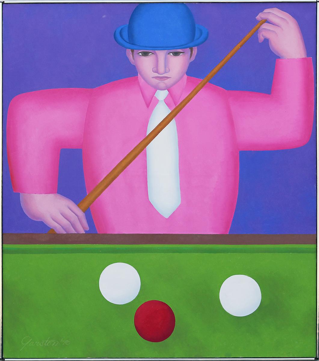 Colorful Purple, Pink, & Green Modern Portrait of Man Playing Billiards or Pool - Painting by Gerald Garston
