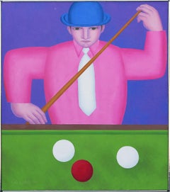 Colorful Purple, Pink, & Green Modern Portrait of Man Playing Billiards or Pool