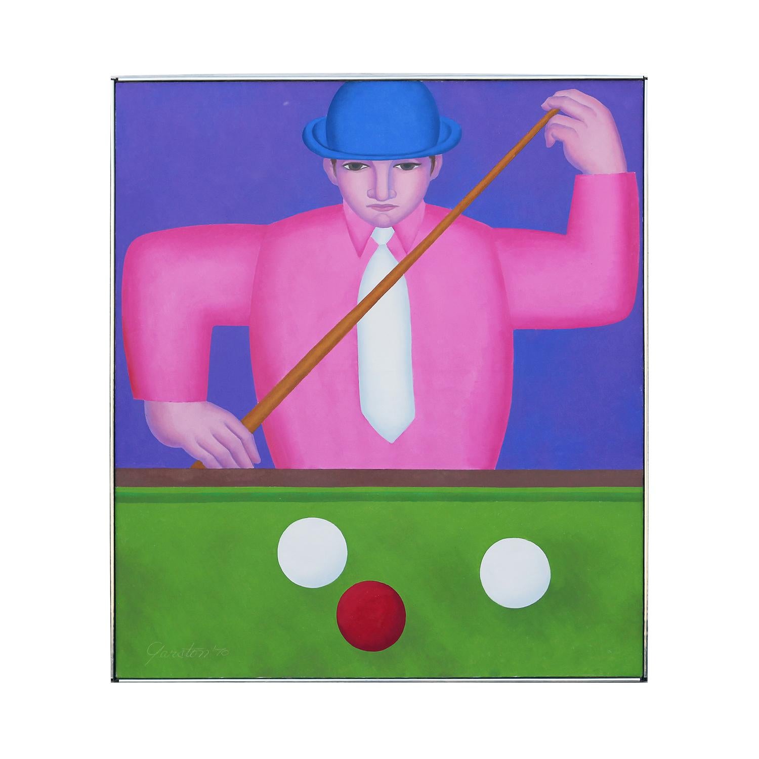 Buntes lila, rosafarbenes und grünes modernes Porträt eines Mannes, der Billard- oder Pool spielt (Moderne), Painting, von Gerald Garston