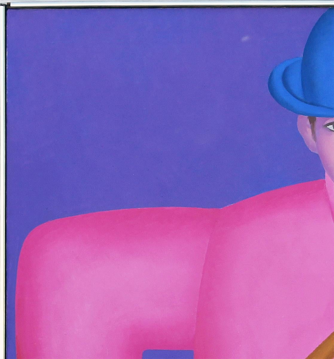 Buntes lila, rosafarbenes und grünes modernes Porträt eines Mannes, der Billard- oder Pool spielt (Grau), Figurative Painting, von Gerald Garston