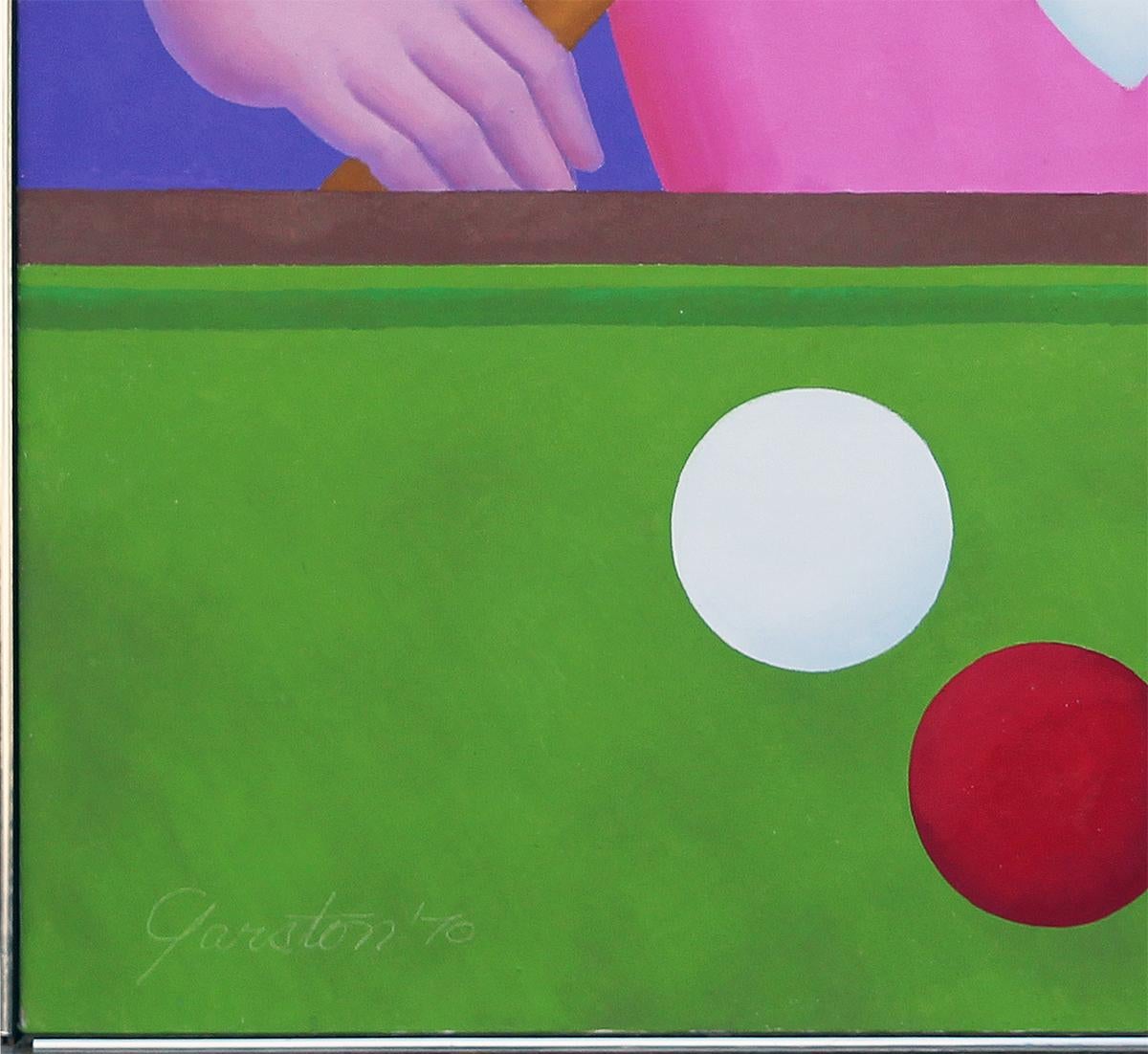 Buntes lila, rosafarbenes und grünes modernes Porträt eines Mannes, der Billard- oder Pool spielt im Angebot 1