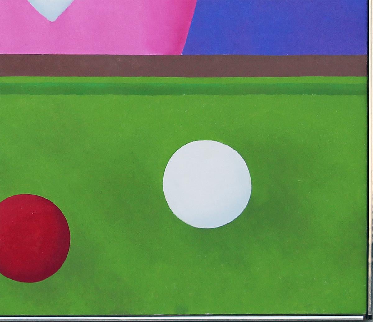 Colorful modern figurative portrait of a man playing billiards or pool by Connecticut artist Gerald Garston. The work features a man in a blue bowler hat and pink suit reading his cue to take his shot set against a rich purple background.