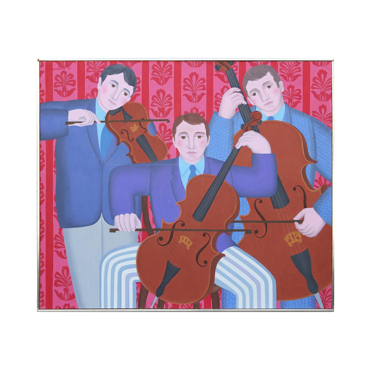 Colorful Red and Blue Modern Trio of Musicians Playing String Instruments - Painting by Gerald Garston