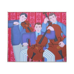 Colorful Red and Blue Modern Trio of Musicians Playing String Instruments