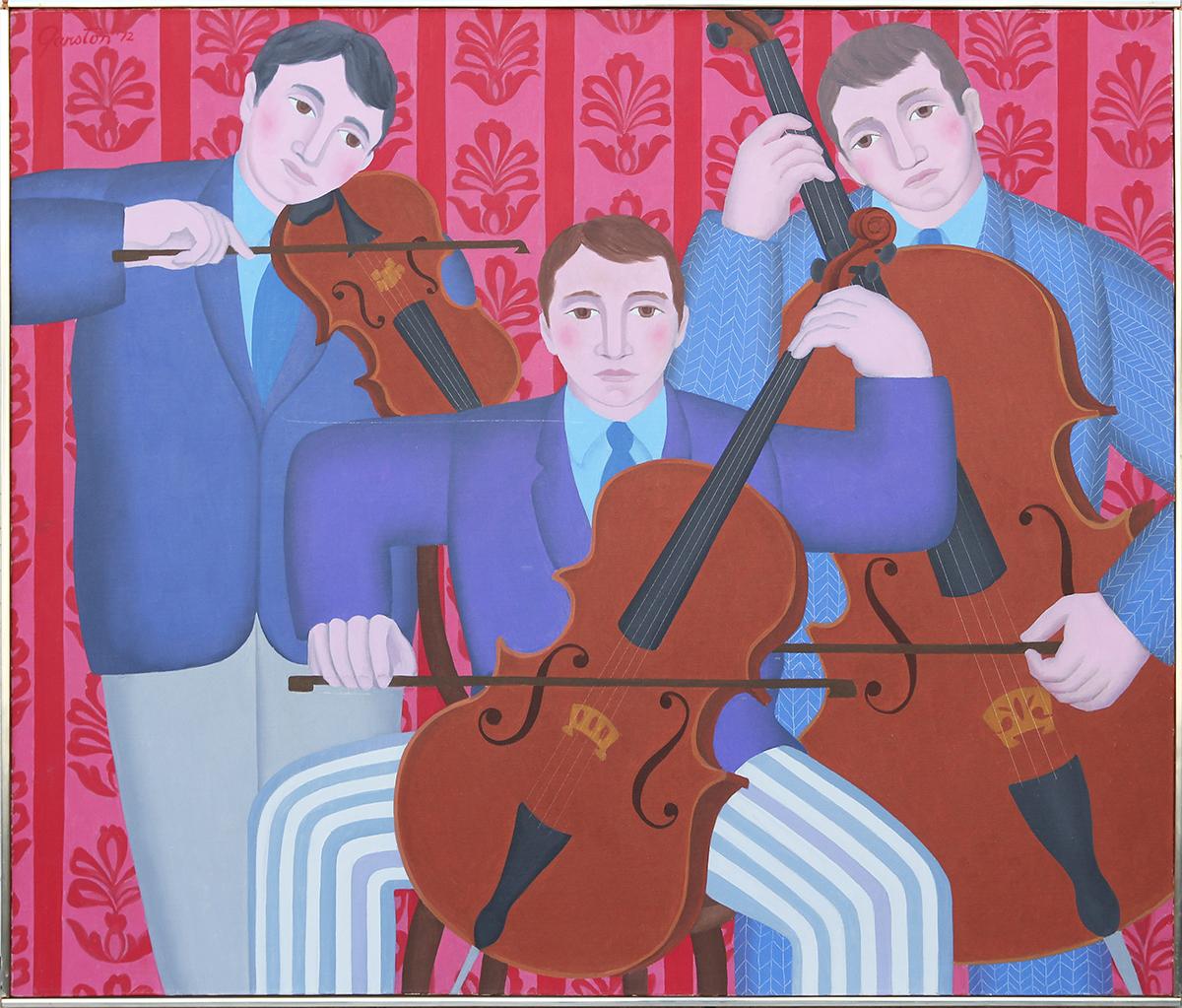 Gerald Garston Figurative Painting - Colorful Red and Blue Modern Trio of Musicians Playing String Instruments
