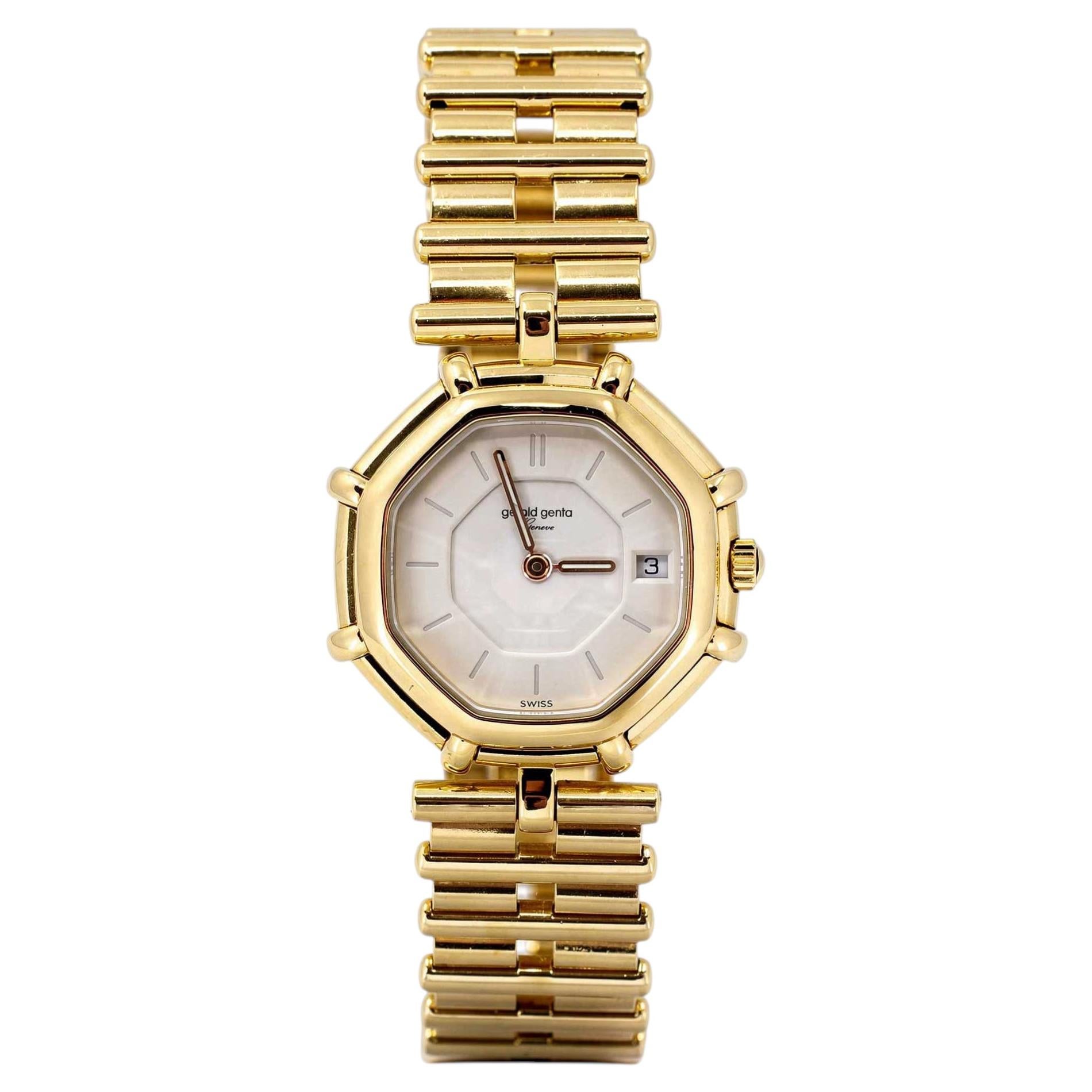 Gérald Genta 18K Yellow Gold Octagonal Wristwatch with Box, 1990s For Sale