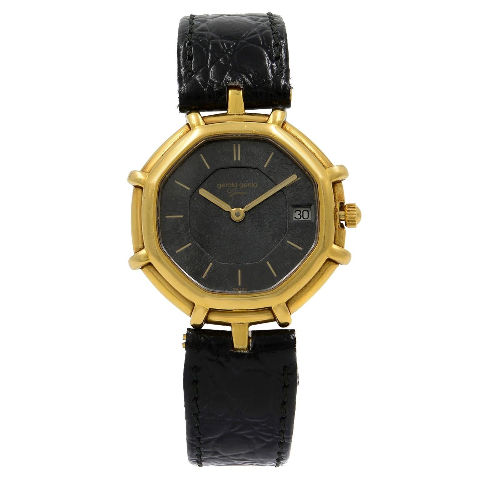 Gerald Genta Black Dial Octagonal 18k Yellow Gold Quartz Ladies Watch G2850.7