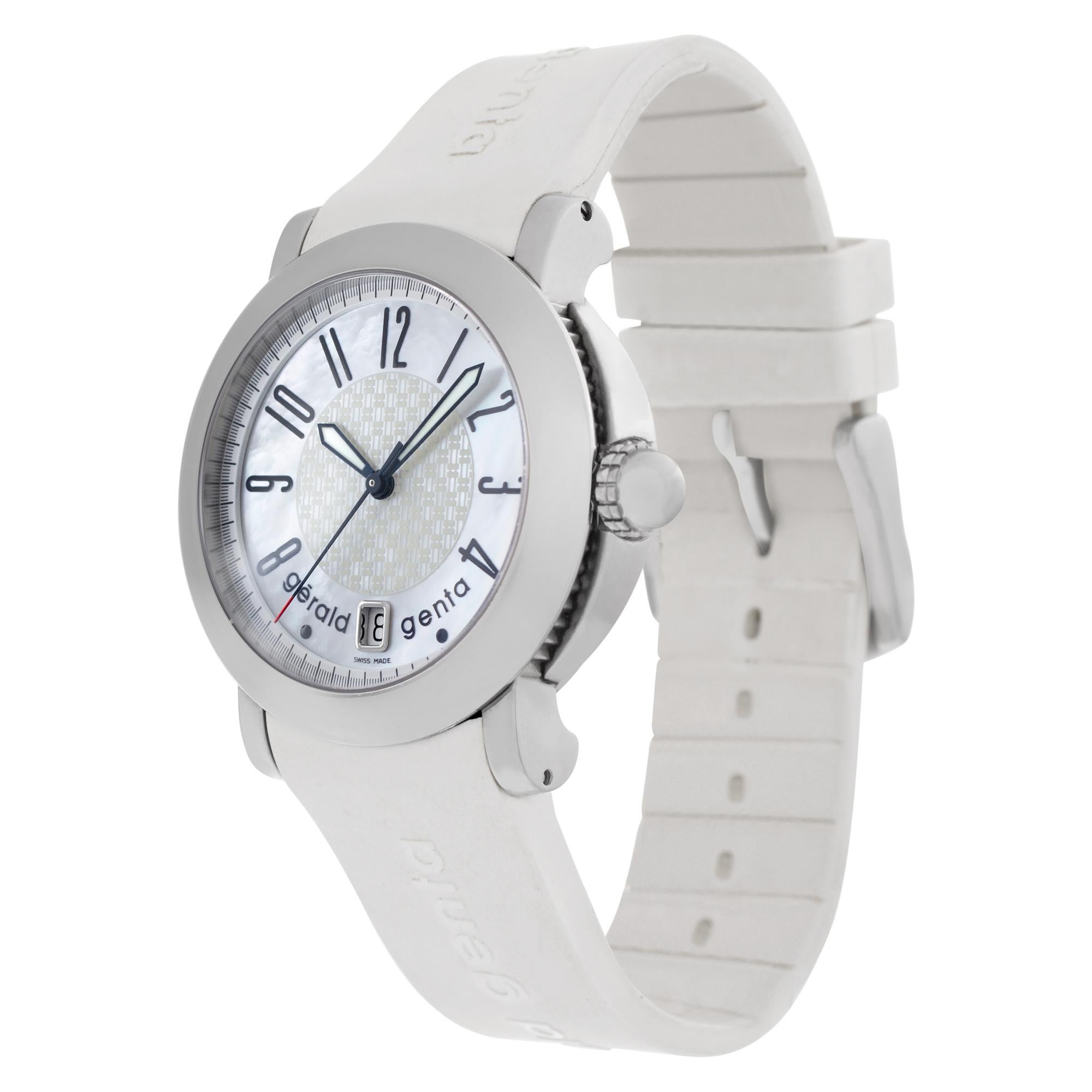 Gerald Genta Sport in stainless steel with Mother of Pearl dial on white rubber strap. Auto w/ sweep seconds and date. Box, booklets and papers. 39.5 mm case size. Ref ssp.l.10. Circa 2010s. Fine Pre-owned Gerald Genta Watch.

Certified preowned
