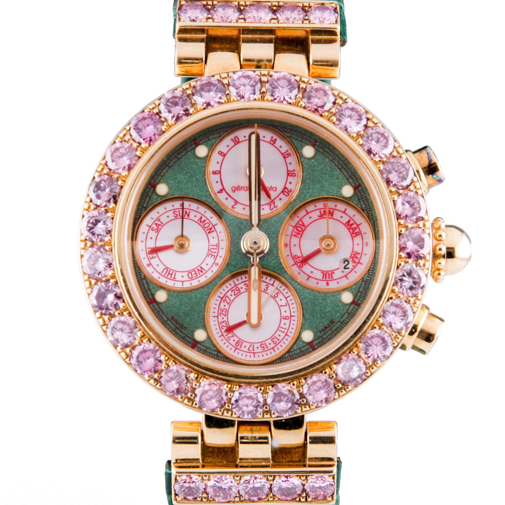 This custom designed Gérald Genta watch was created for the President of Gabon, Omar Bongo. The stunning watch features over 5 carats of pink diamonds - 28 vivid and fancy pink diamonds set in the 18K gold bezel and and 10 vivid and fancy pink