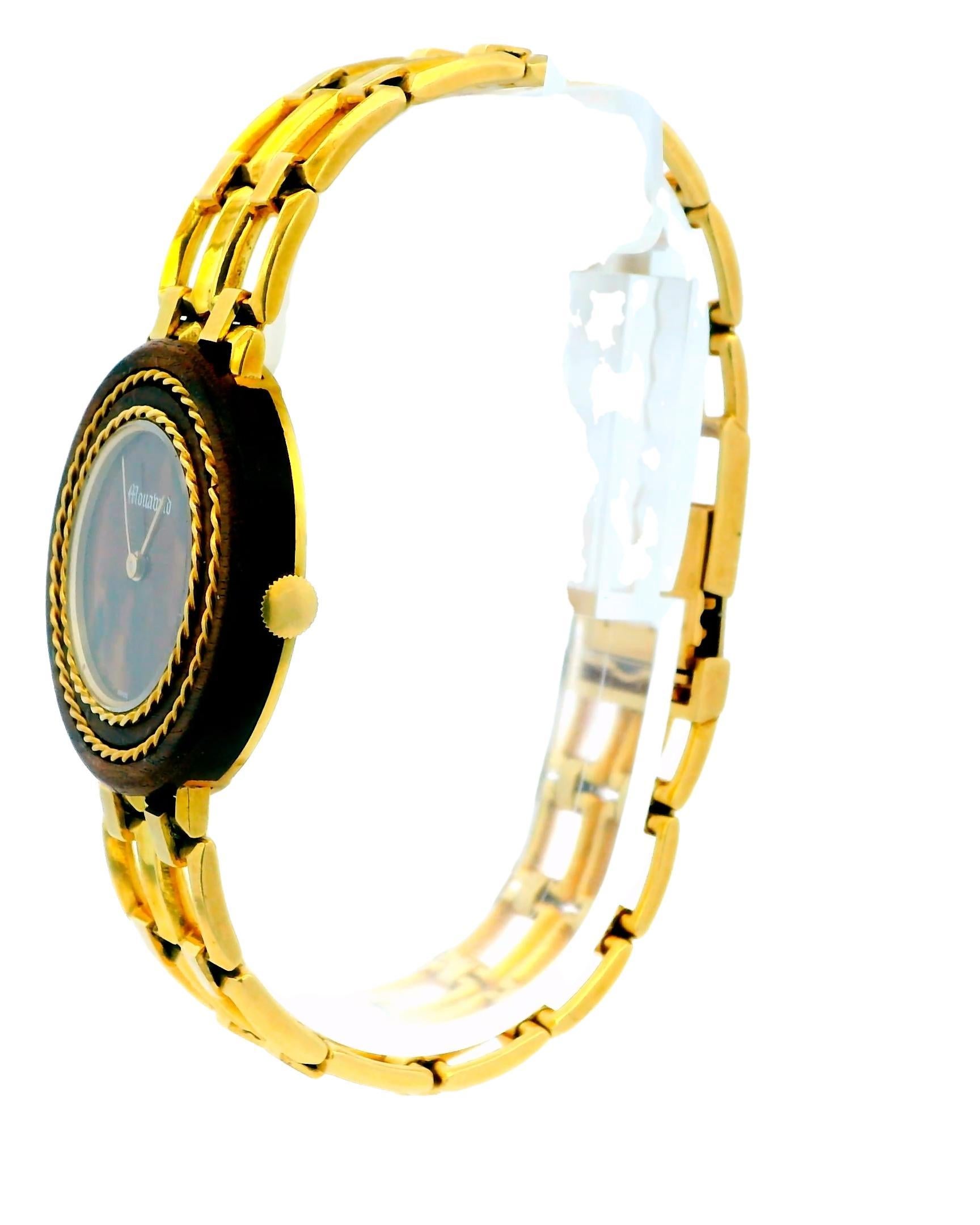 Gerald Genta for Mouawad Wooden Bezel & Dial 18k Yellow Gold Mech Bracelet In Excellent Condition For Sale In Great Neck Plaza, NY