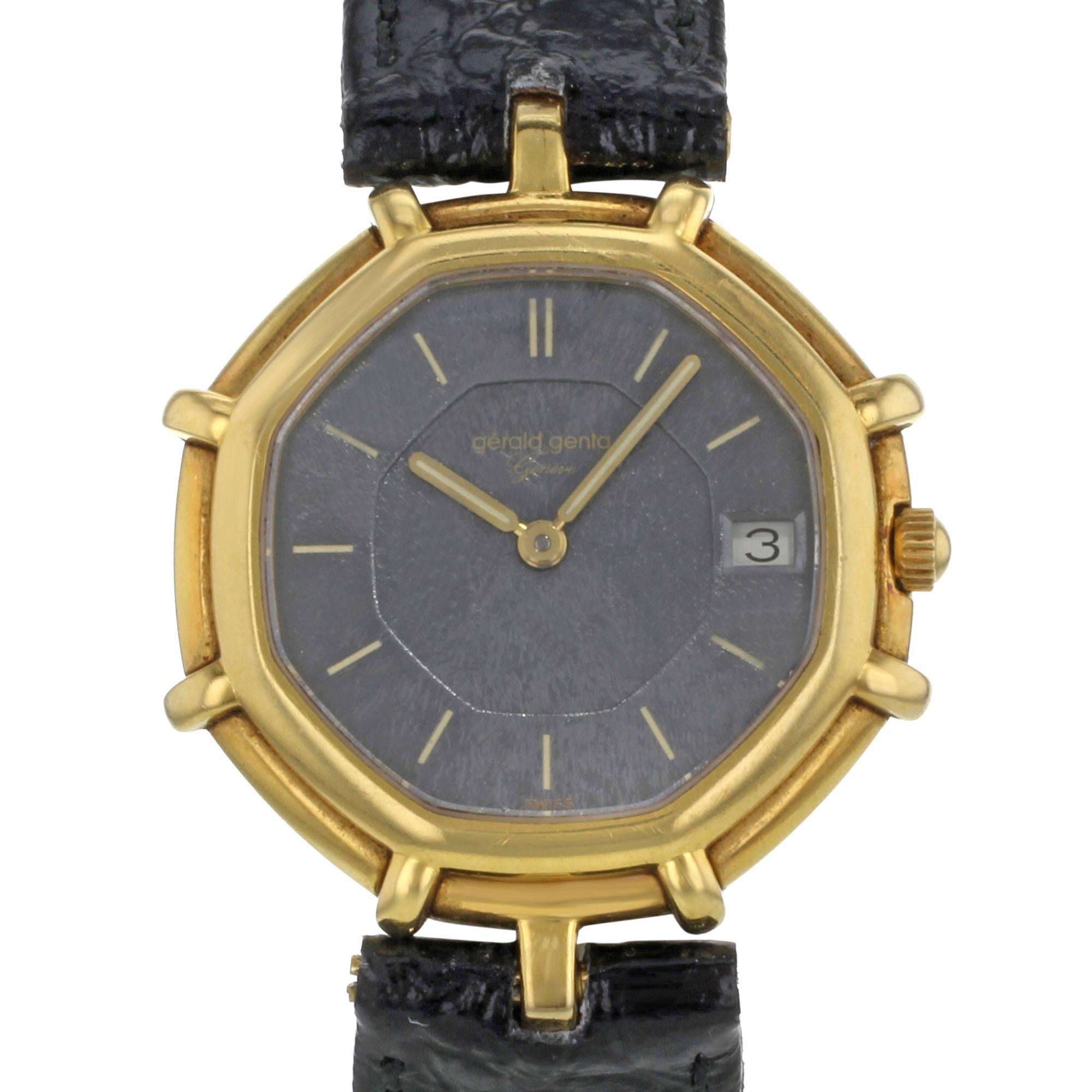 This pre-owned Gerald Genta  g2850.7 is a beautiful Womens timepiece that is powered by a quartz movement which is cased in a yellow gold case. It has a octagonal shape face, date dial and has hand sticks style markers. It is completed with a