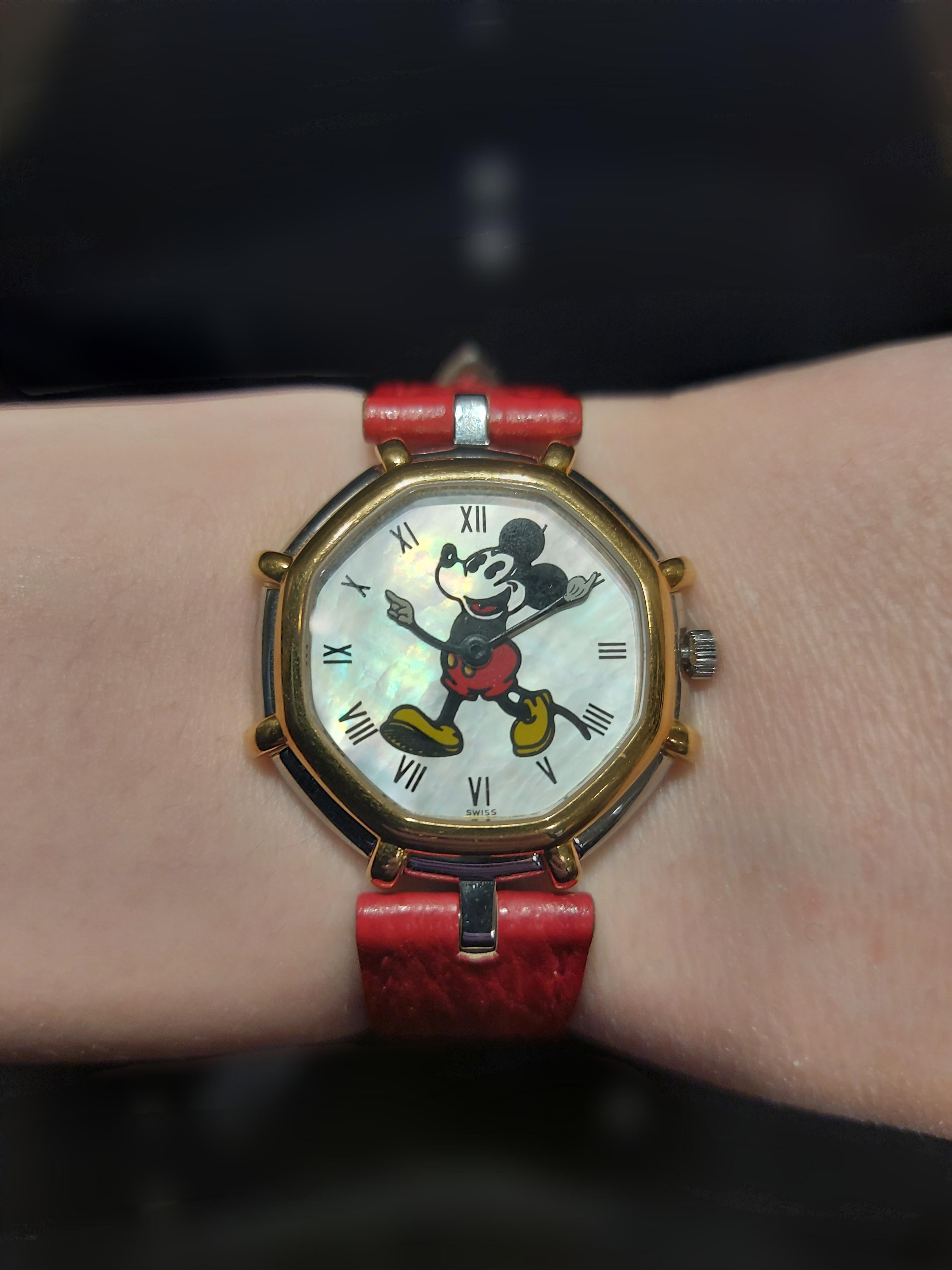 Gerald Genta Mickey Mouse Quartz Watch Red Leather Strap For Sale 6