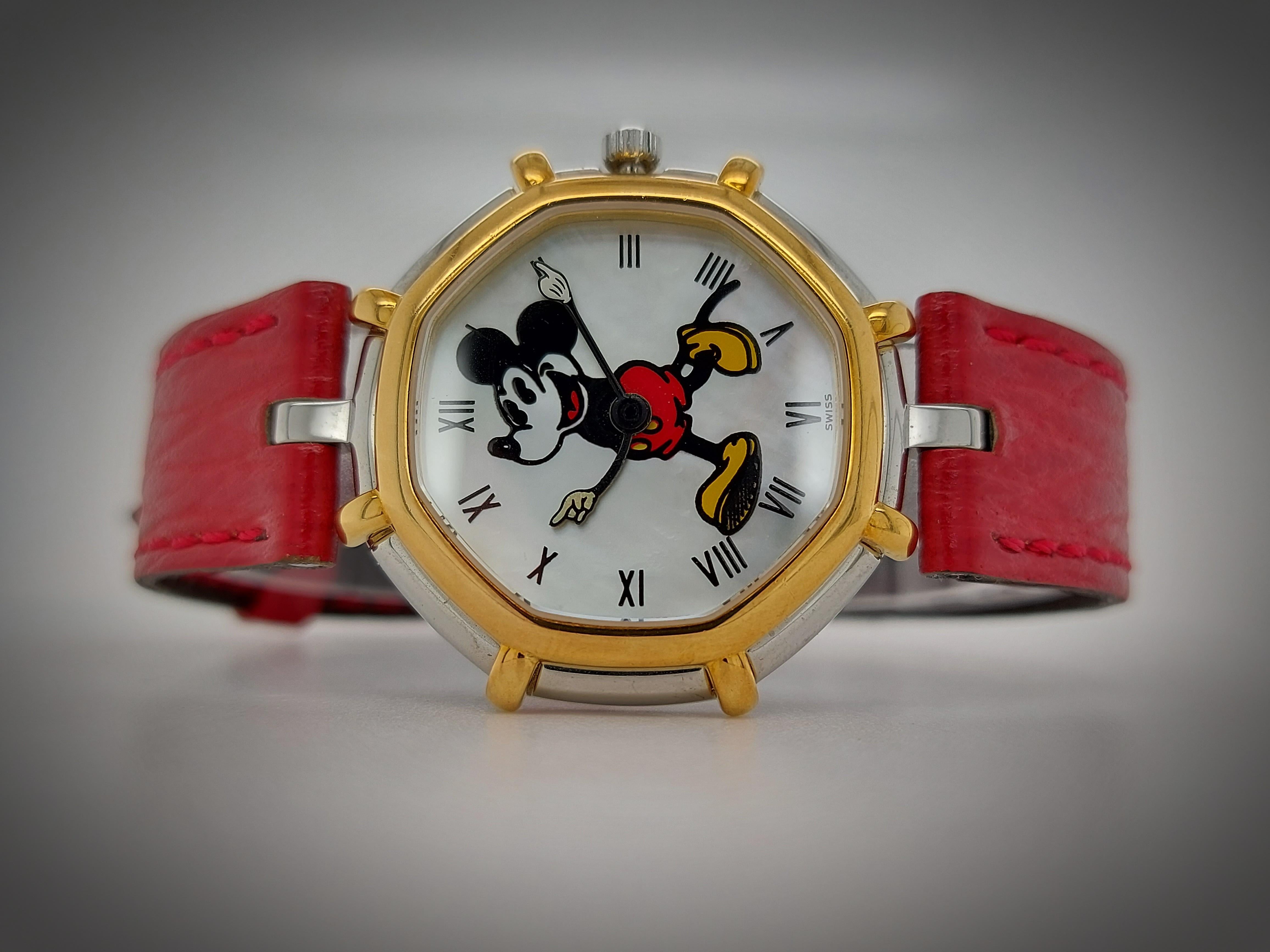 Round Cut Gerald Genta Mickey Mouse Quartz Watch Red Leather Strap For Sale