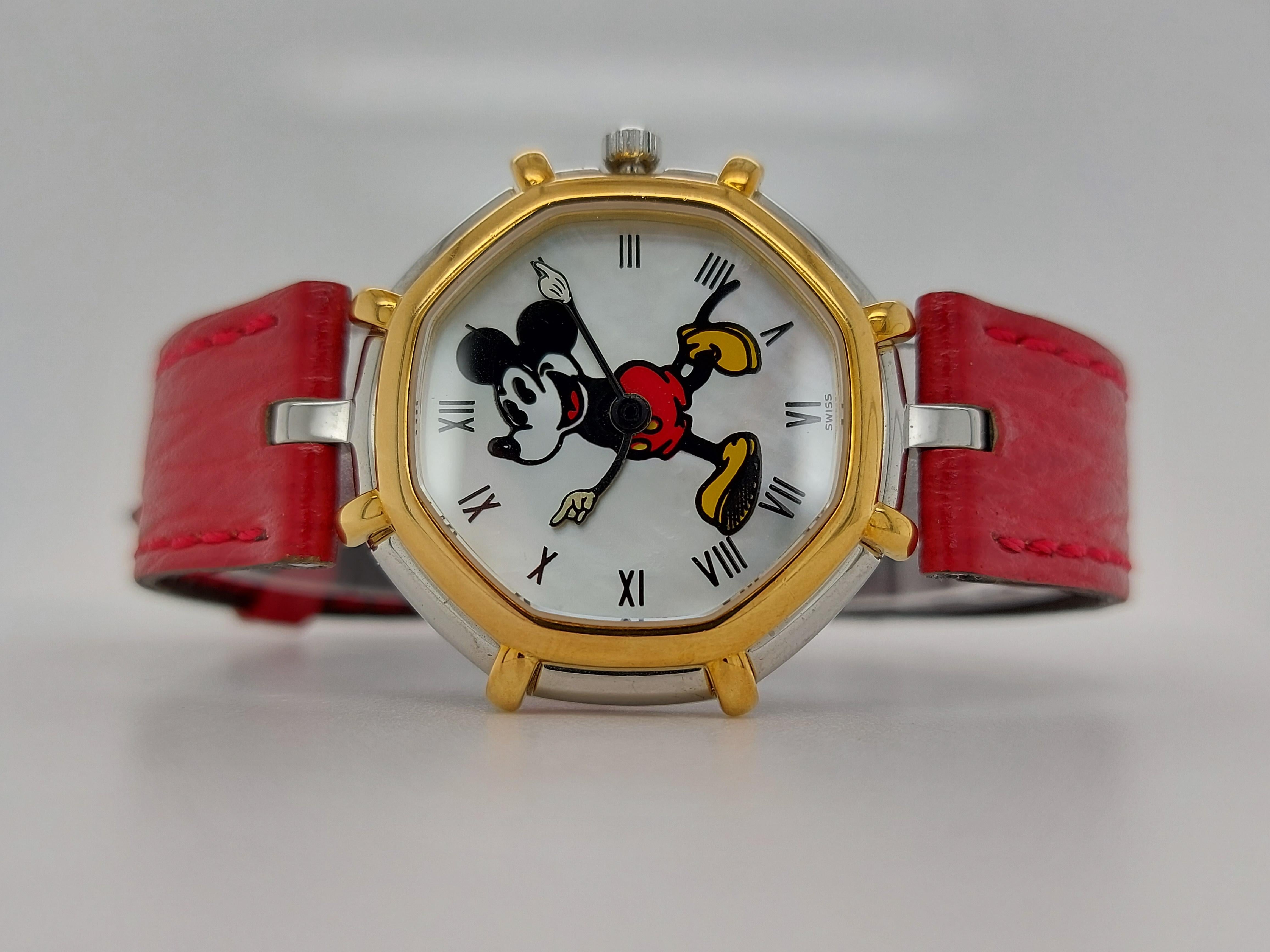 Women's or Men's Gerald Genta Mickey Mouse Quartz Watch Red Leather Strap For Sale