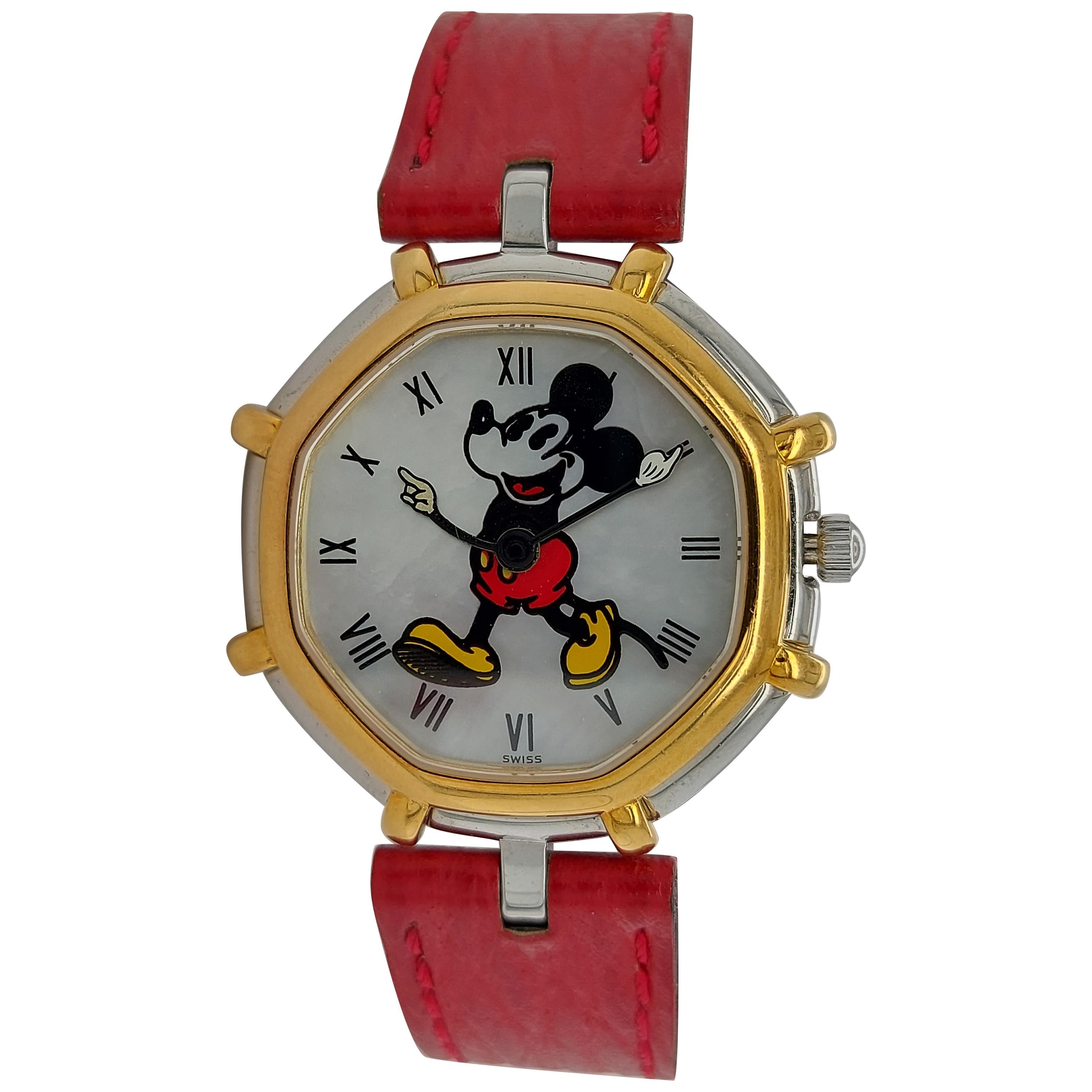 Gerald Genta Mickey Mouse Quartz Watch Red Leather Strap For Sale
