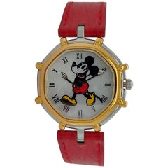 Retro Gerald Genta Mickey Mouse Quartz Watch Red Leather Strap