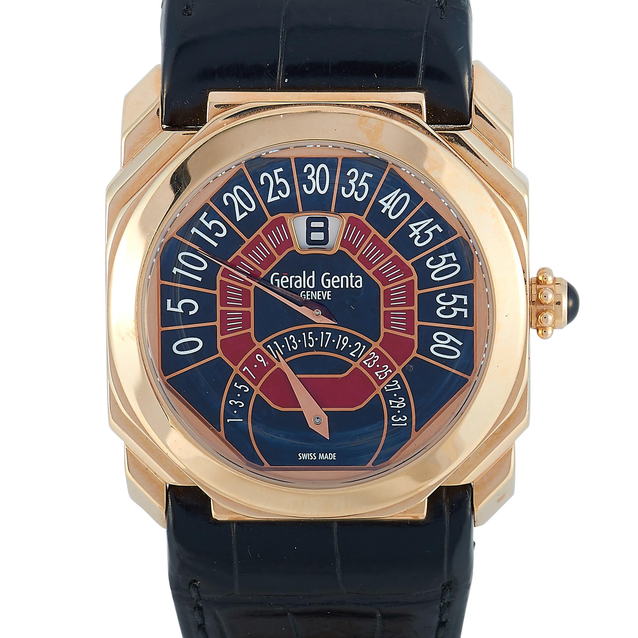 This is the Gerald Genta Octo Bi-Retro, reference number OBR.Y.50.

The watch is presented with a 43 mm 18K rose gold case that boasts transparent back. It is offered with a black and red dial that features the following functions: jumping hours,