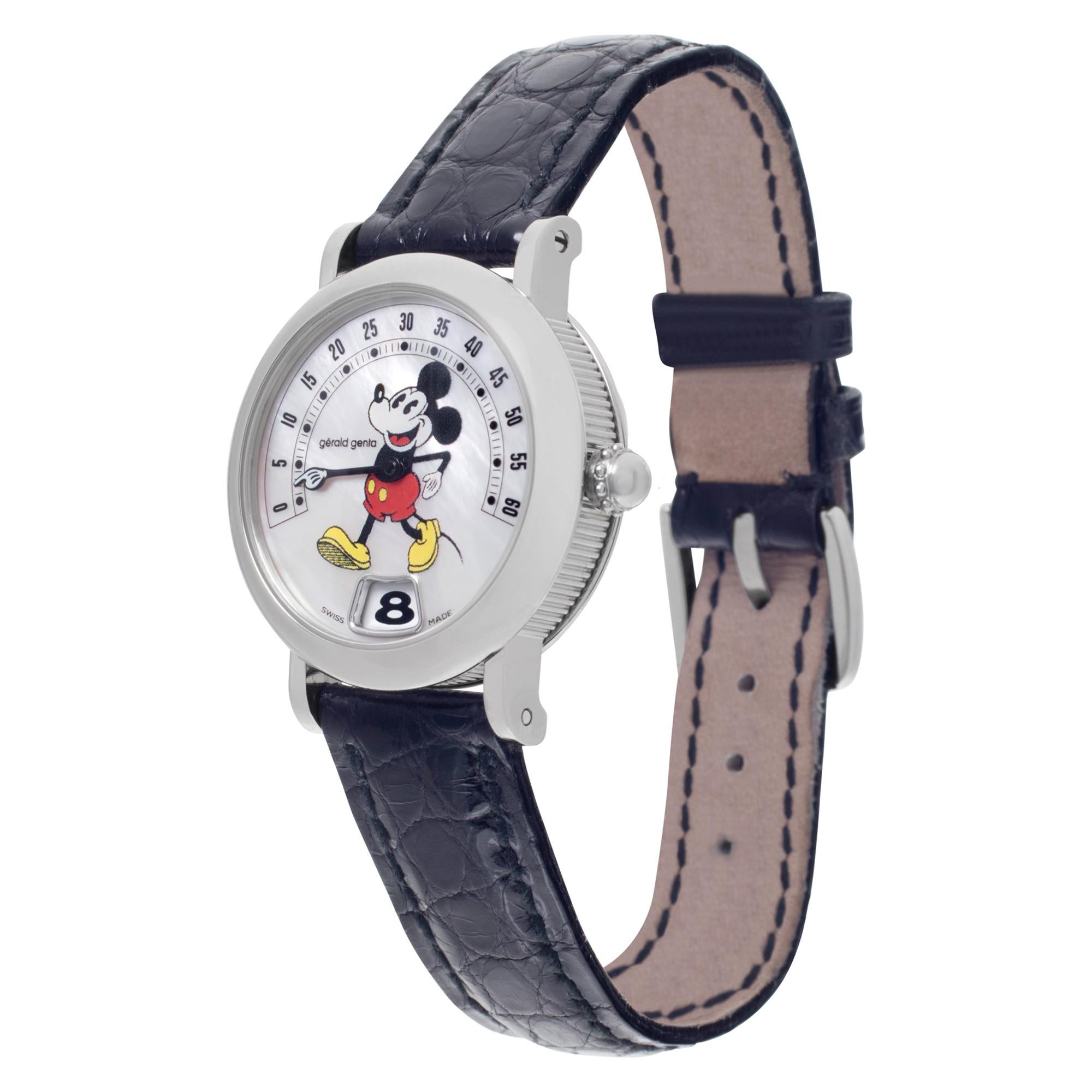 Gerald Genta Montre Mickey Mouse rétro « Fantasy » de collection et amusante en acier inoxydable avec cadran en nacre. Créé par Gerald Genta, célèbre créateur de montres. Quartz. Taille du boîtier de 28 mm. Avec sa boîte et ses papiers. Réf. G3622.