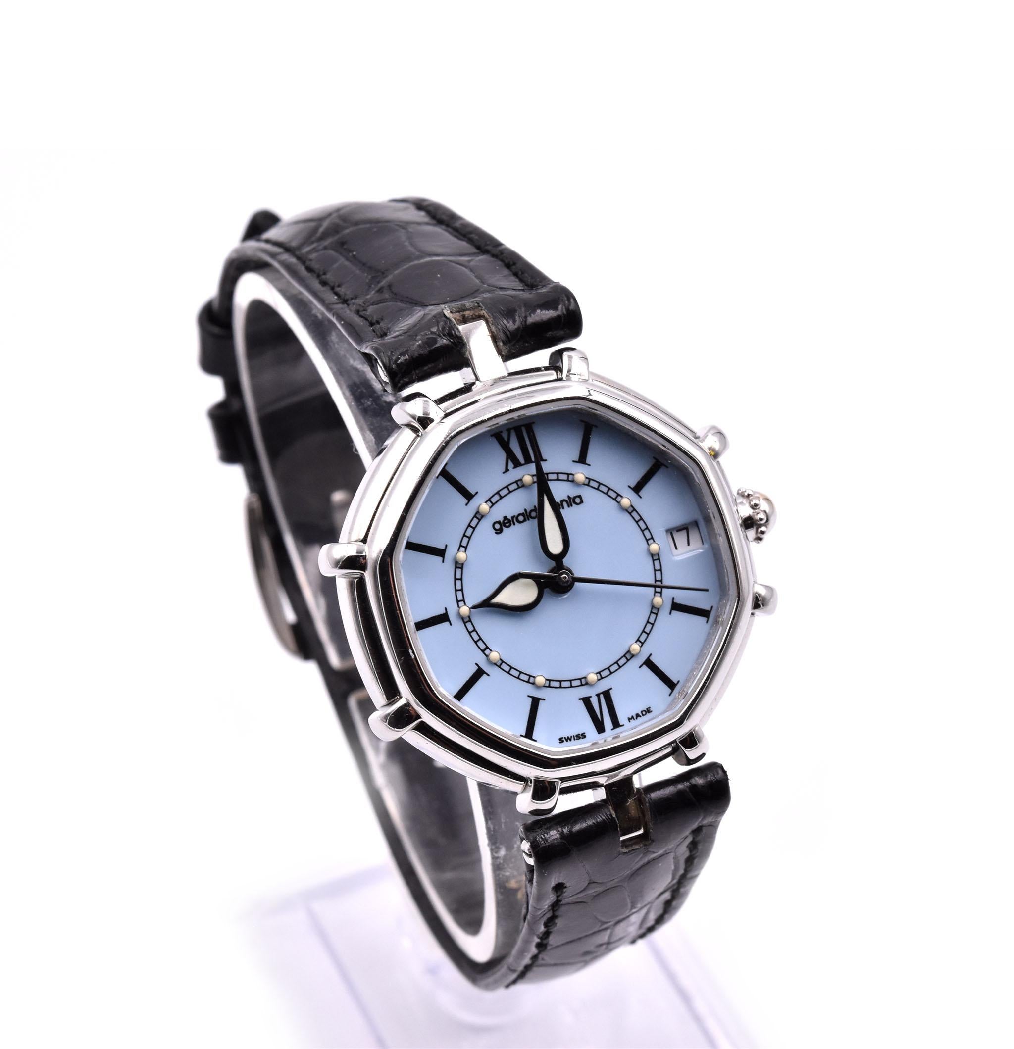 Movement: quartz
Function: hours, minutes
Case: 31mm octagon stainless steel case, sapphire protective crystal, push/pull crown
Band: black alligator leather strap with stainless steel tang buckle
Dial: blue dial with luminescent hour markers, Roman