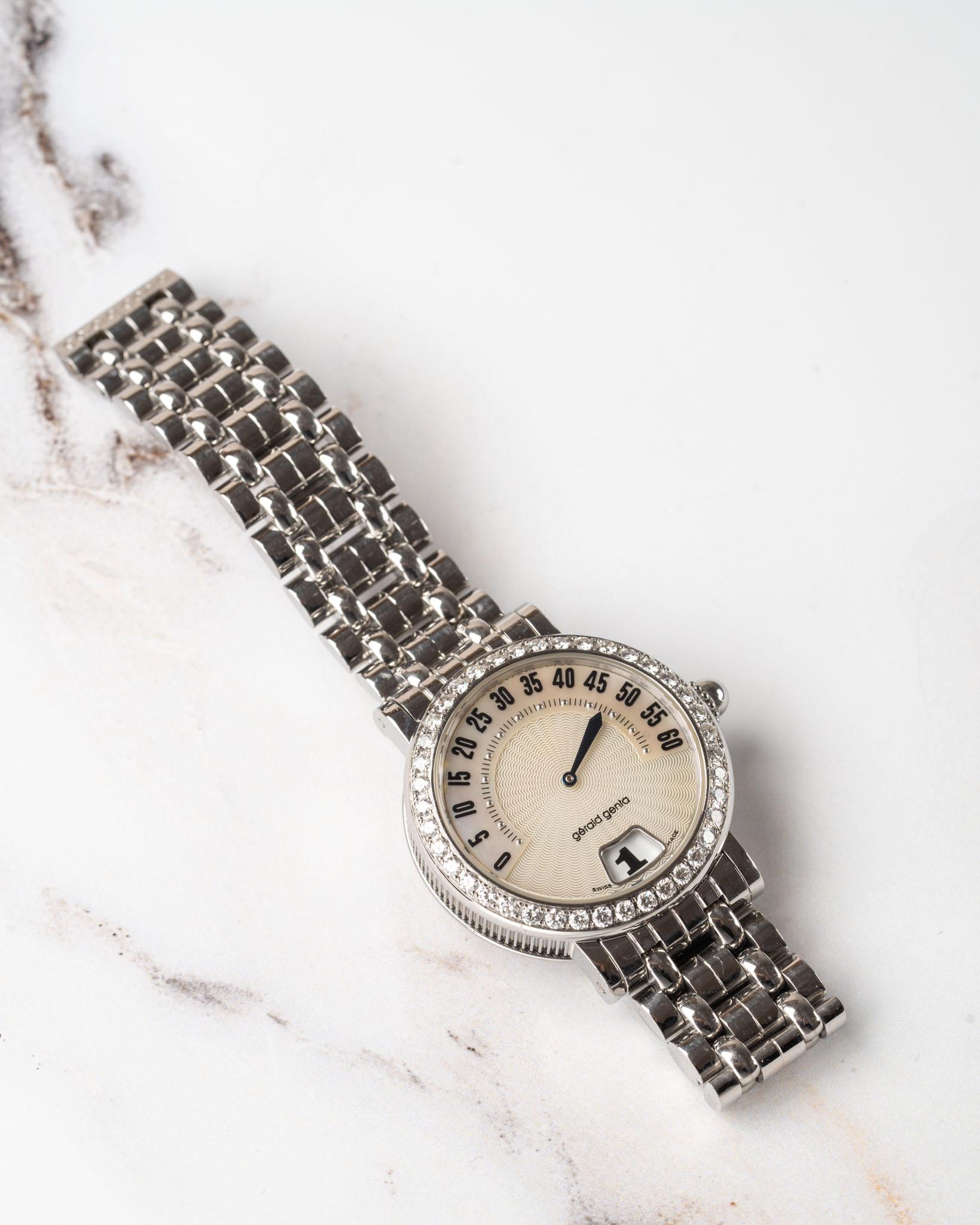 Gerald Genta	Retrograde G3614SS Weiß Perlmutt Diamant Sprung Stunde 1990s im Angebot 6