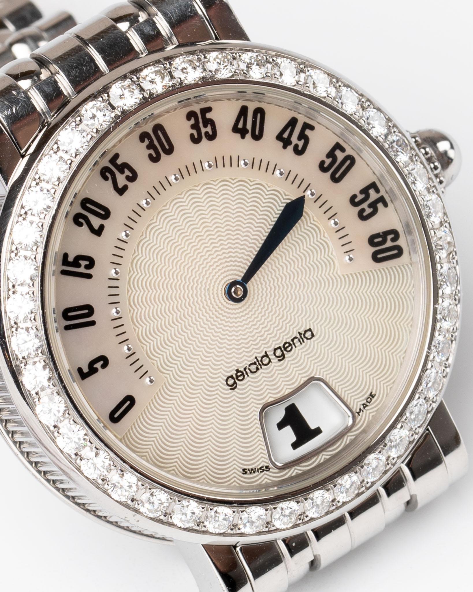 Gerald Genta	Retrograde G3614SS Weiß Perlmutt Diamant Sprung Stunde 1990s Damen im Angebot