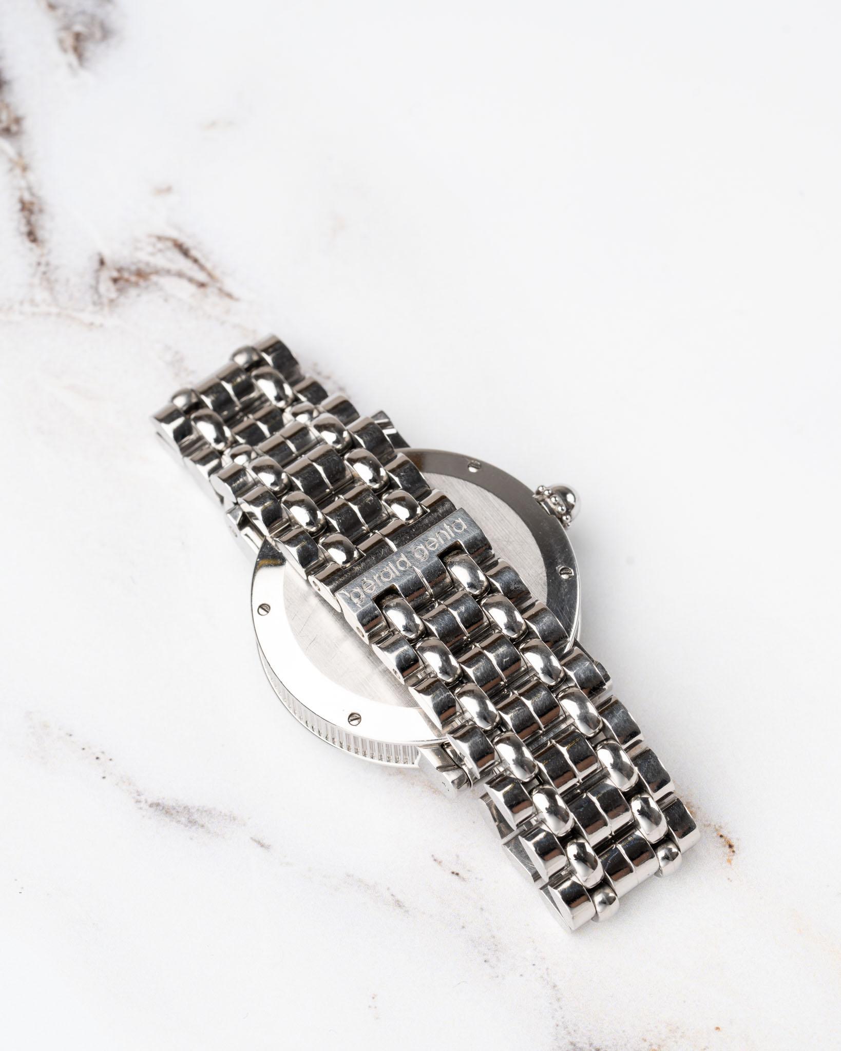 Gerald Genta	Retrograde G3614SS Weiß Perlmutt Diamant Sprung Stunde 1990s im Angebot 1