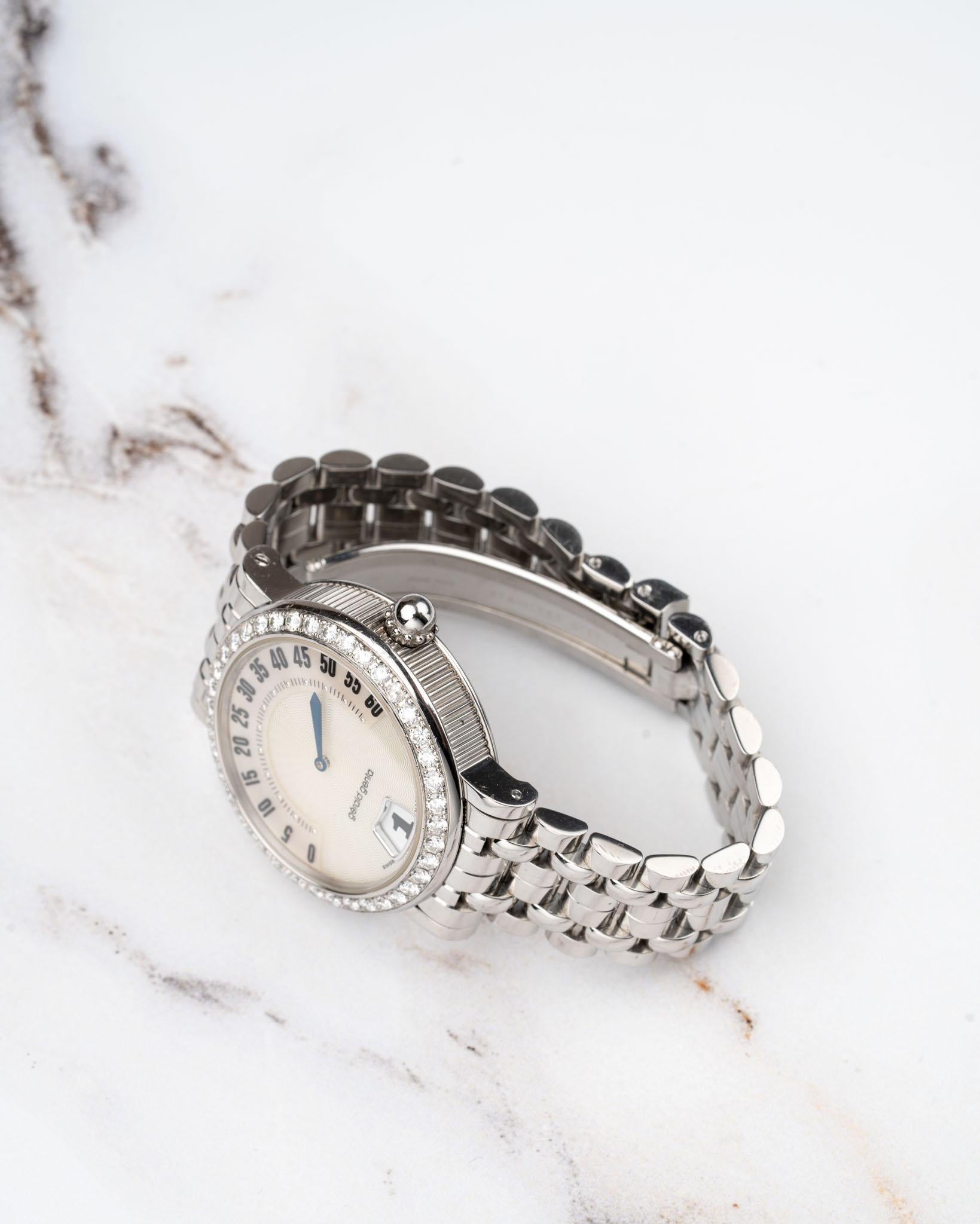 Gerald Genta	Retrograde G3614SS Weiß Perlmutt Diamant Sprung Stunde 1990s im Angebot 2