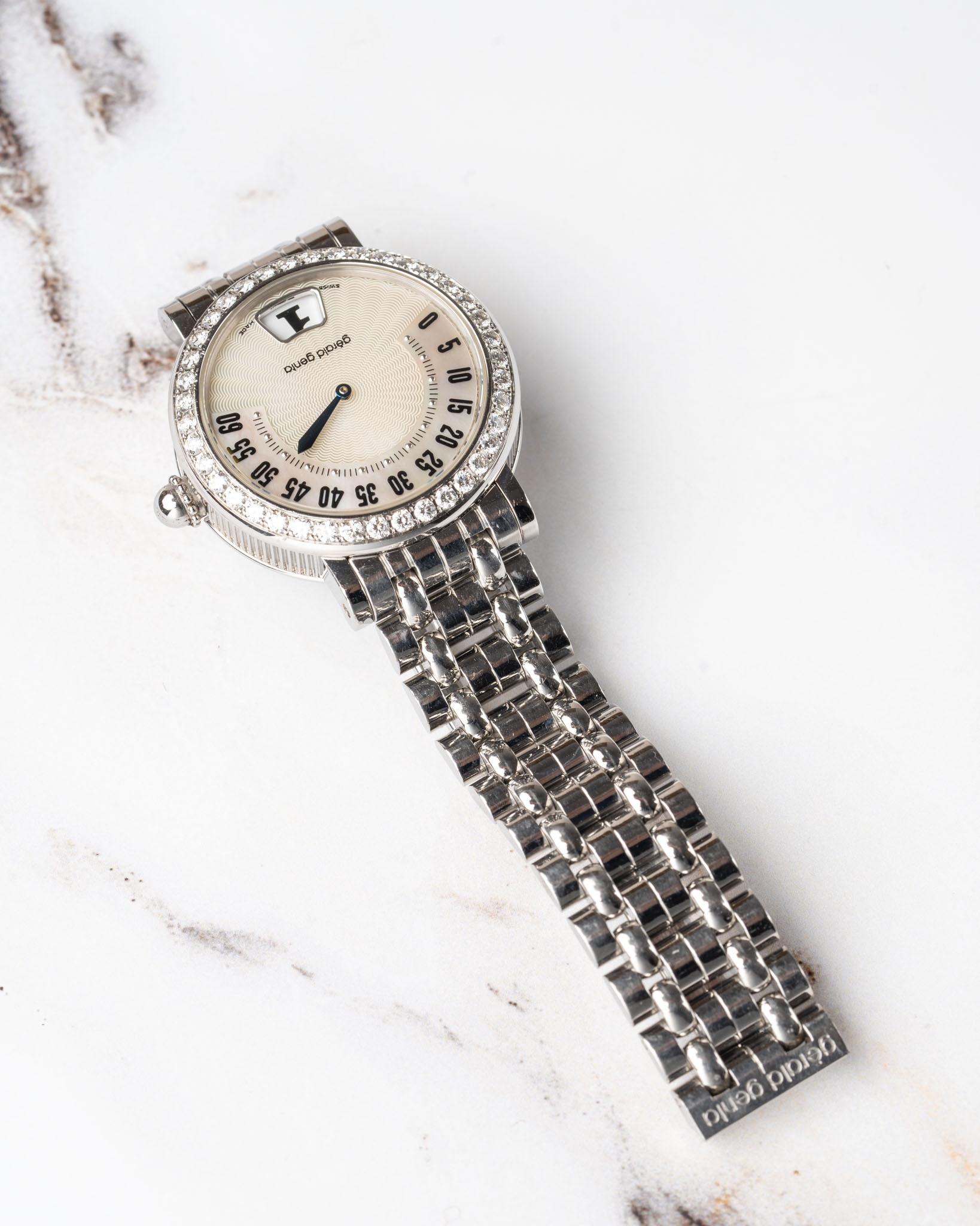 Gerald Genta	Retrograde G3614SS Weiß Perlmutt Diamant Sprung Stunde 1990s im Angebot 3