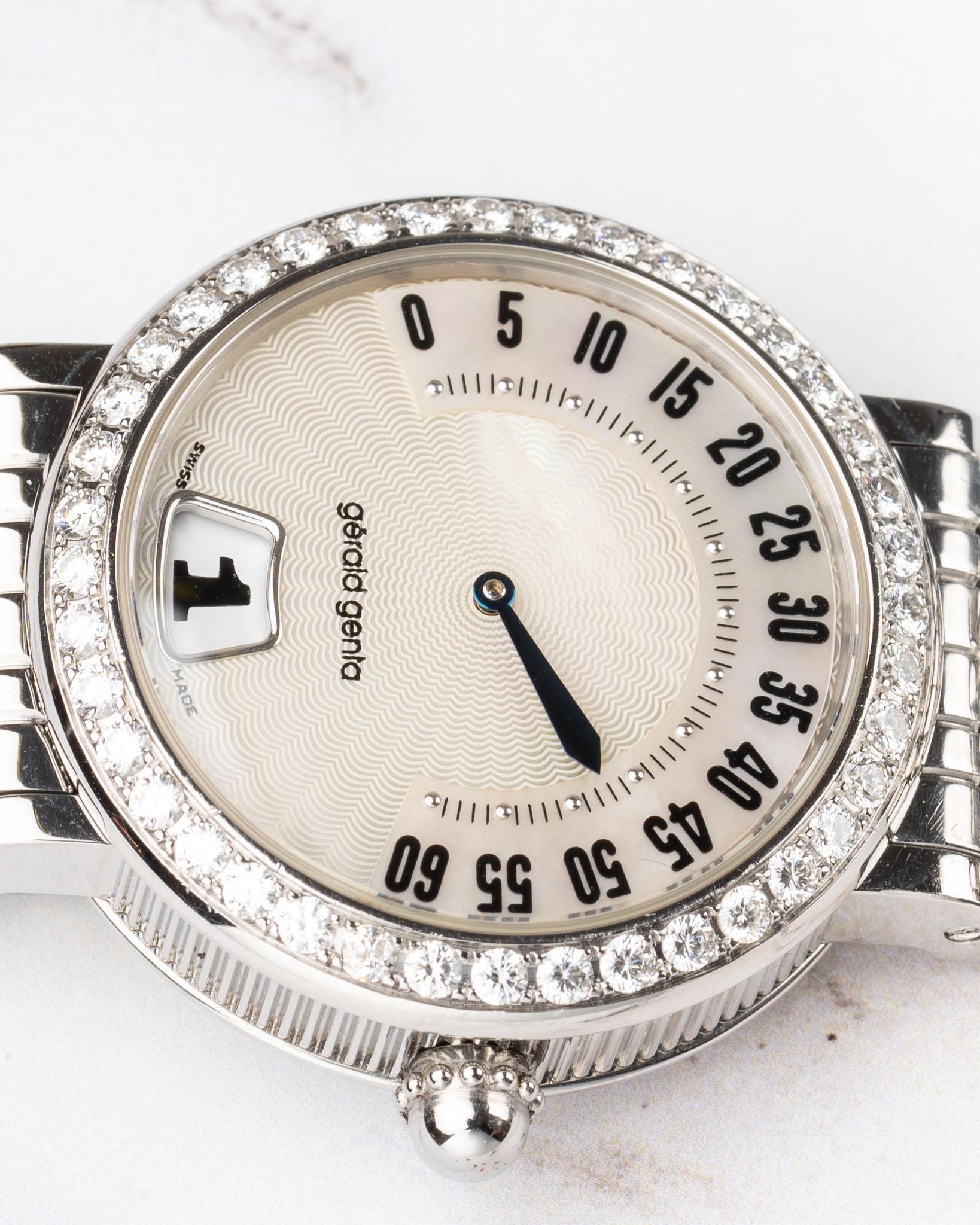 Gerald Genta	Retrograde G3614SS Weiß Perlmutt Diamant Sprung Stunde 1990s im Angebot 4
