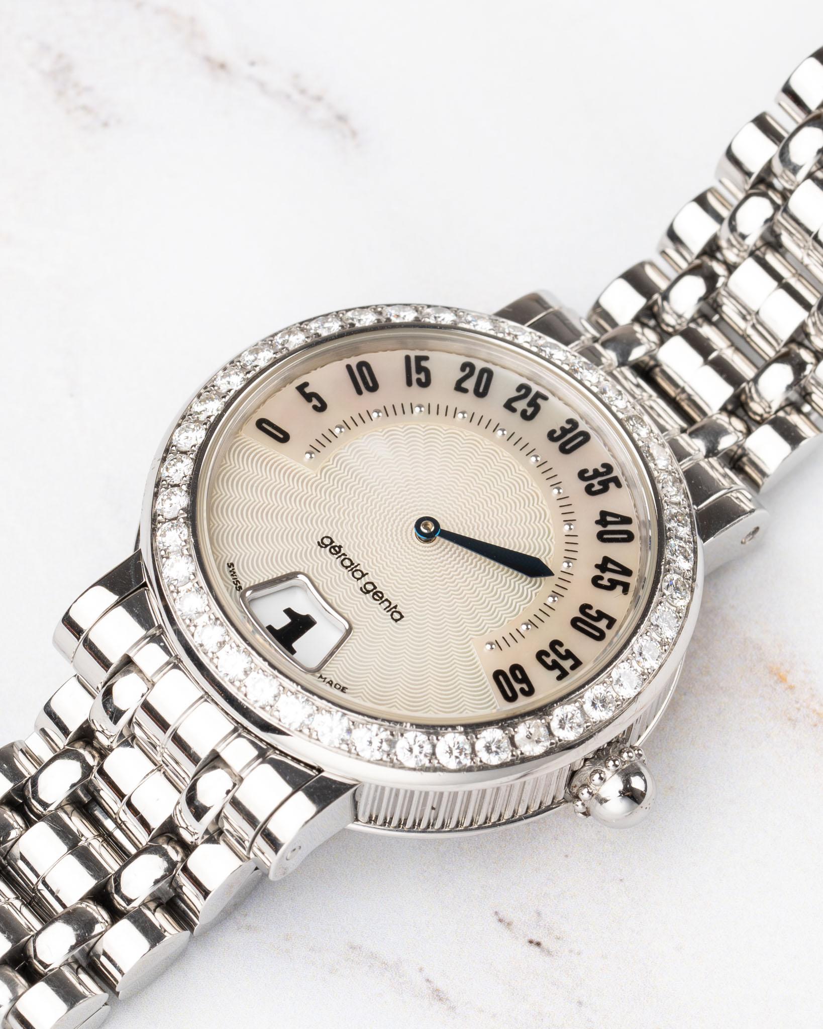 Gerald Genta	Retrograde G3614SS Weiß Perlmutt Diamant Sprung Stunde 1990s im Angebot 5