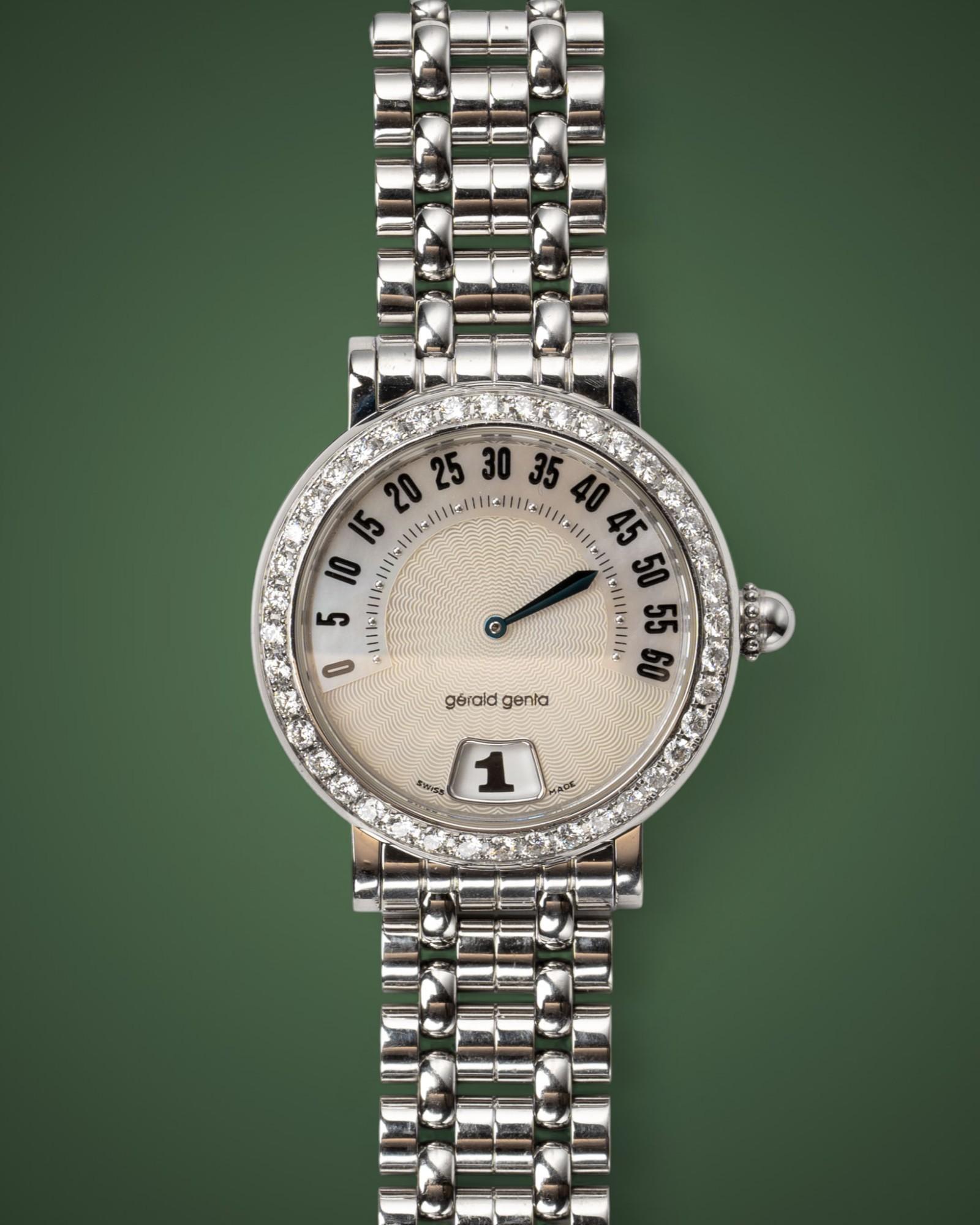 Gerald Genta	Retrograde G3614SS Weiß Perlmutt Diamant Sprung Stunde 1990s im Angebot