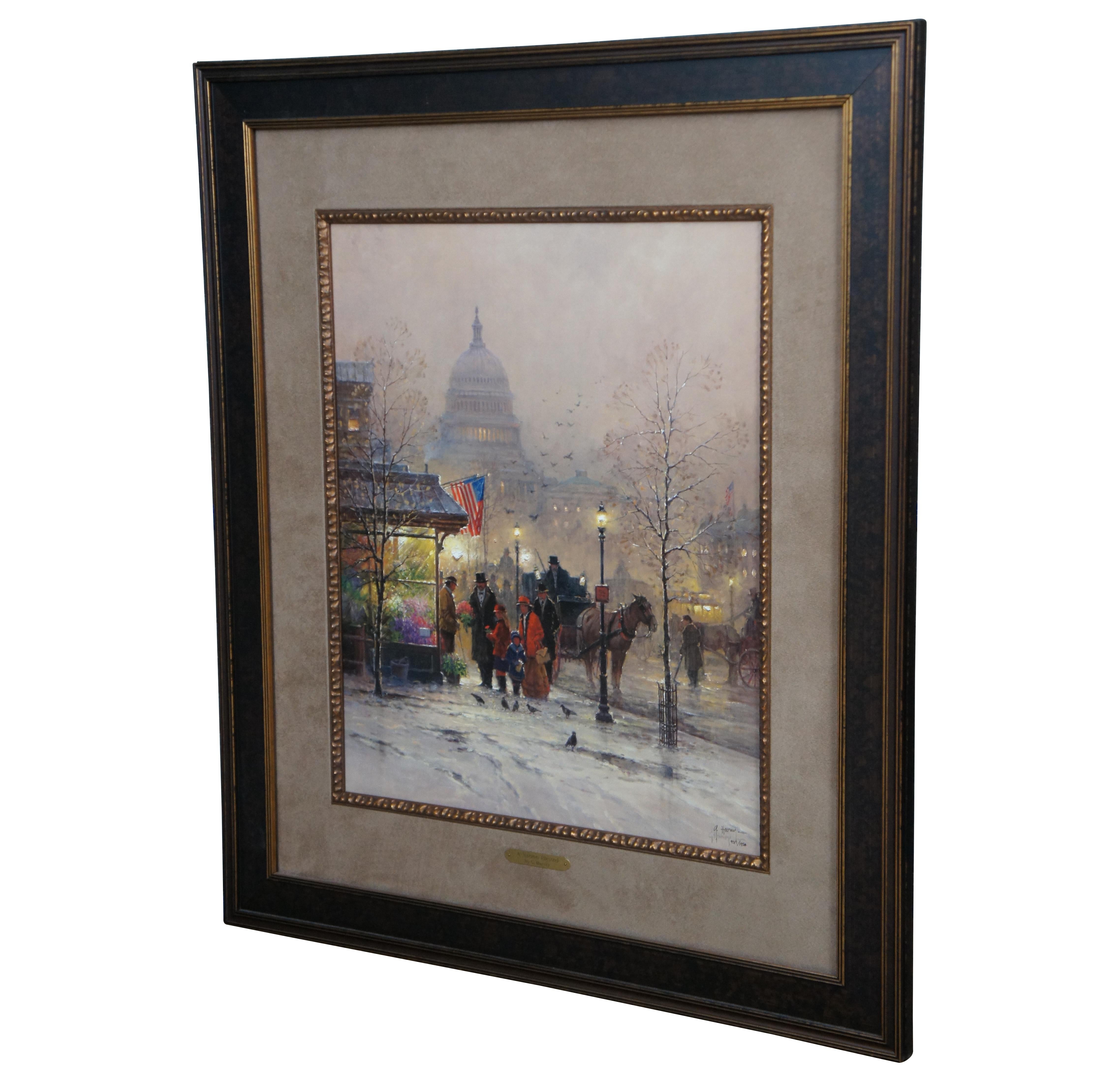 Vintage limited edition print showing Victorian era figures at a flower shop with horse and carriage in the street below the Capitol building, titled “A Nation Blessed” by G. Harvey. Issued in 1997 by Somerset House Publishing, signed and numbered
