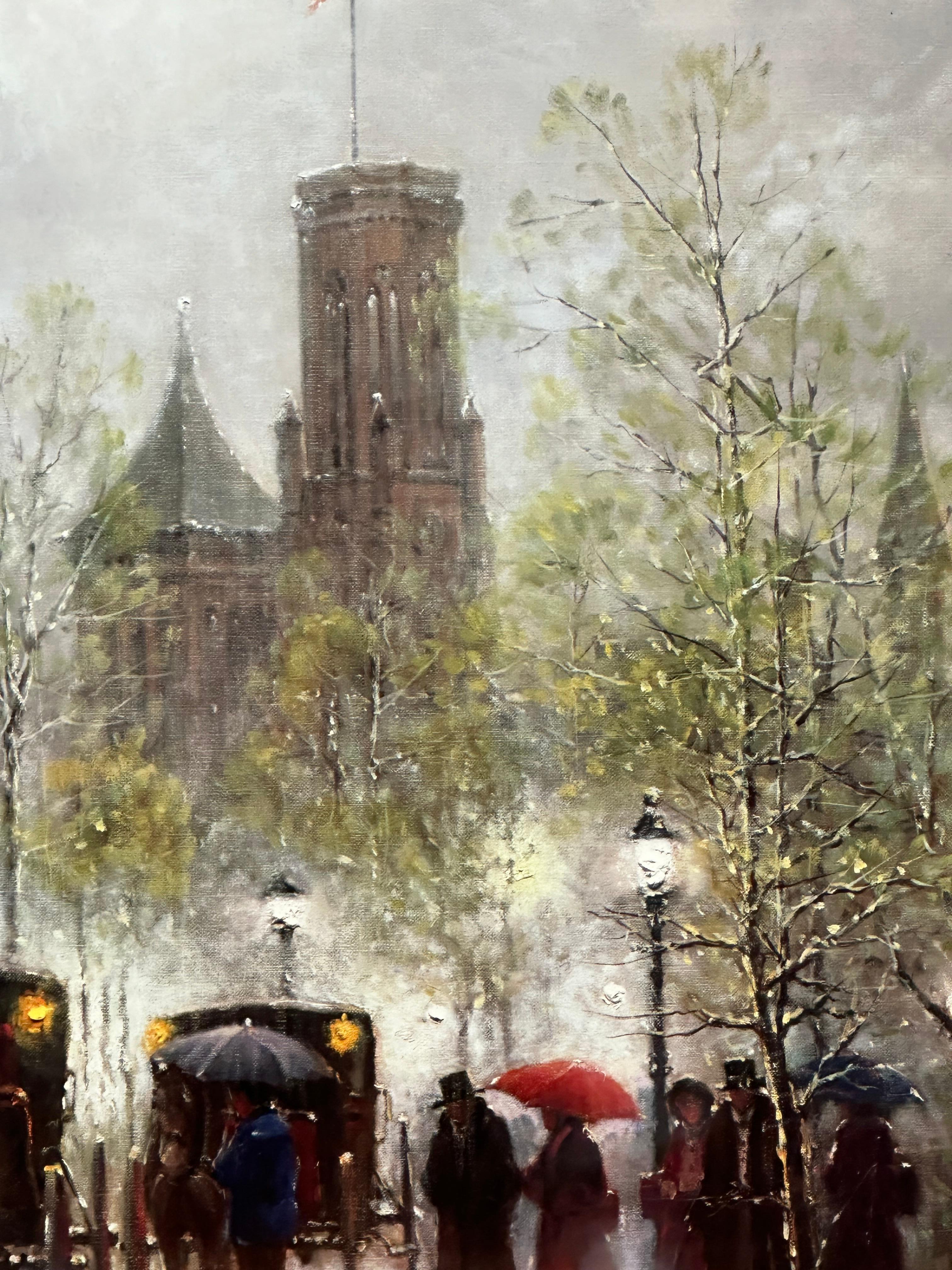 Dieser Druck von Gerald Harvey Jones, der für seine Darstellungen historischer Momente bekannt ist, wurde anlässlich des 150-jährigen Bestehens der Smithsonian Institution im Jahr 1995 geschaffen und fängt den zeitlosen Geist des Gebäudes der