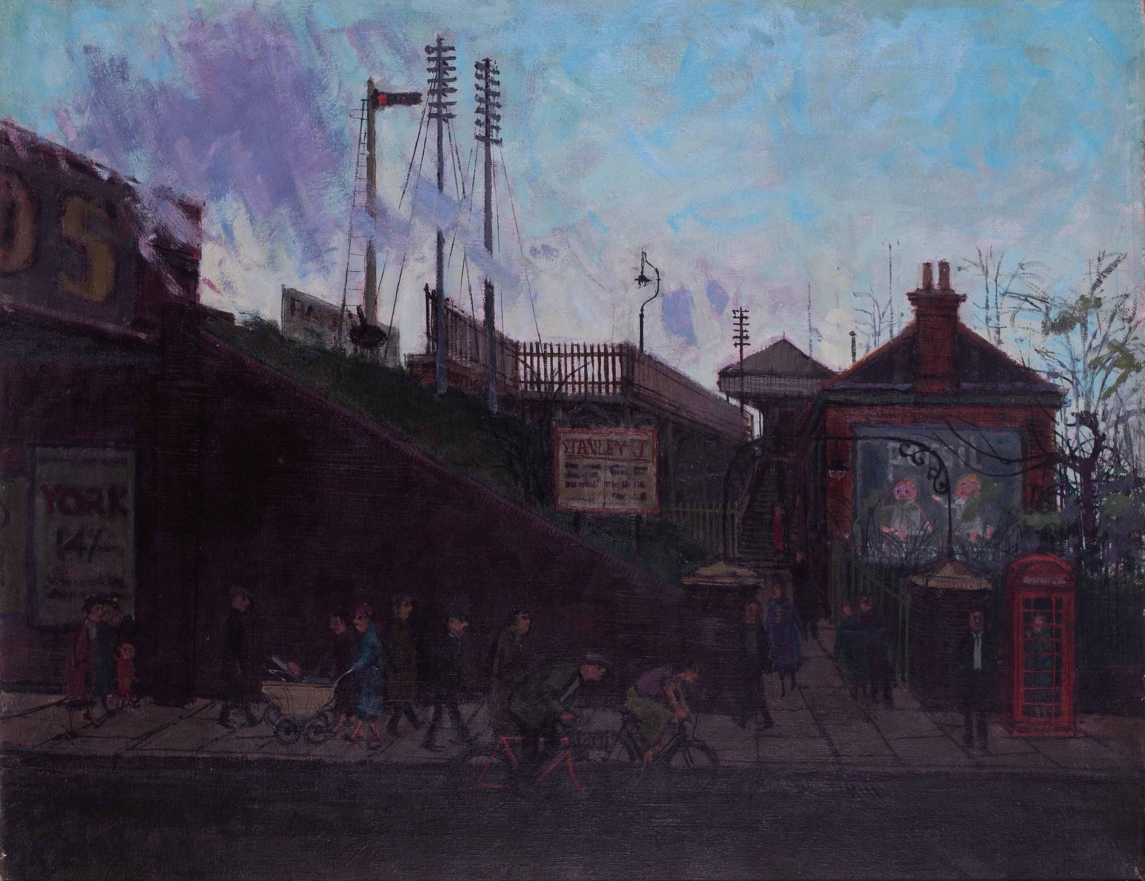 British, mid century oil painting by Gerald Rose of London tube station - Painting by Gerald Hembdon Seymour Rose