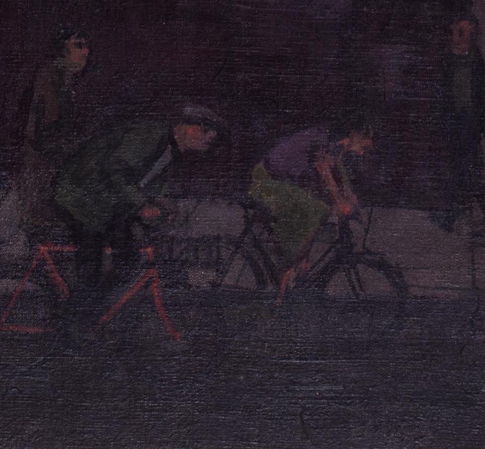 British, mid century oil painting by Gerald Rose of London tube station - Modern Painting by Gerald Hembdon Seymour Rose