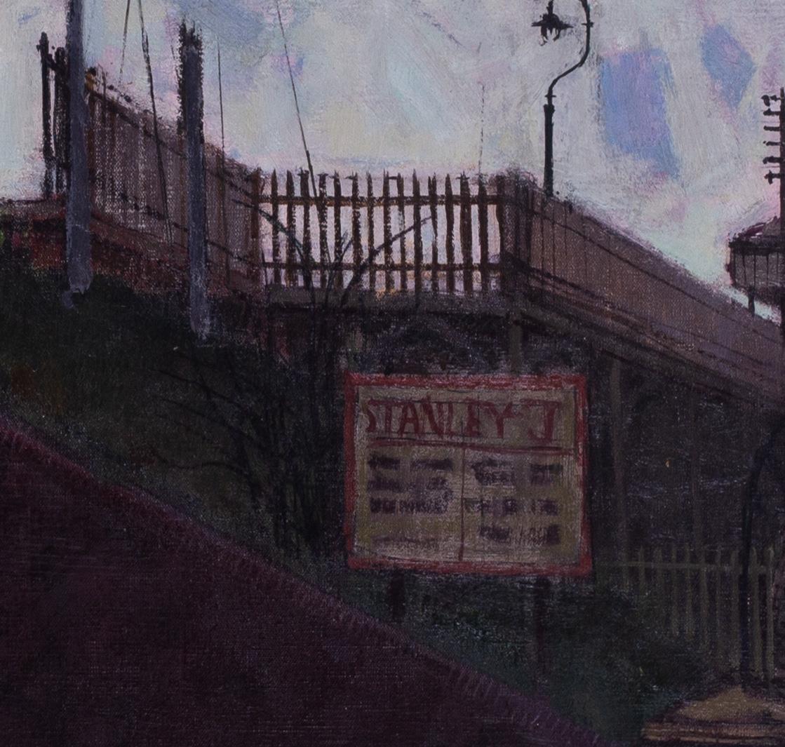 British, mid century oil painting by Gerald Rose of London tube station - Black Figurative Painting by Gerald Hembdon Seymour Rose