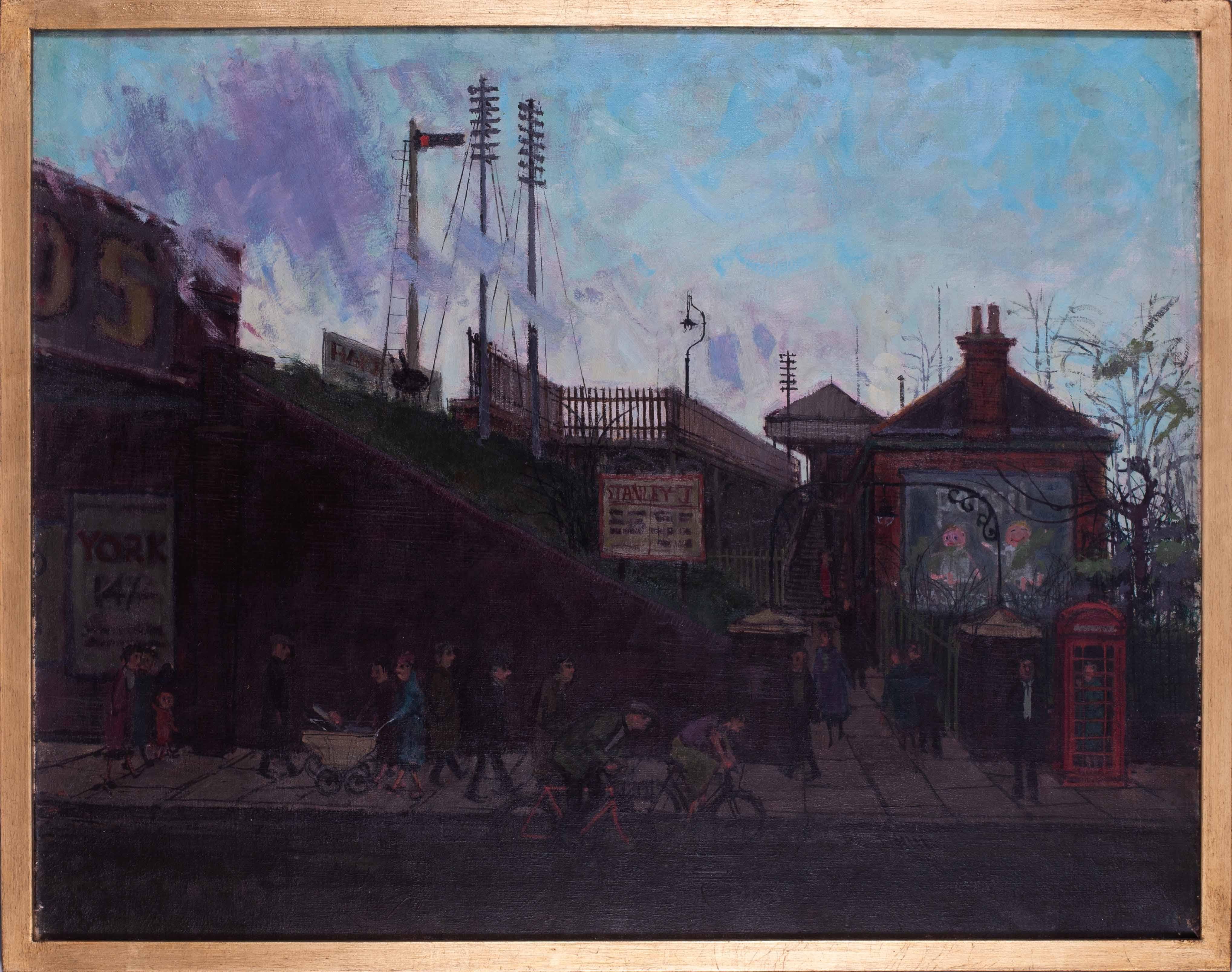 Gerald Hembdon Seymour Rose Figurative Painting - British, mid century oil painting by Gerald Rose of London tube station