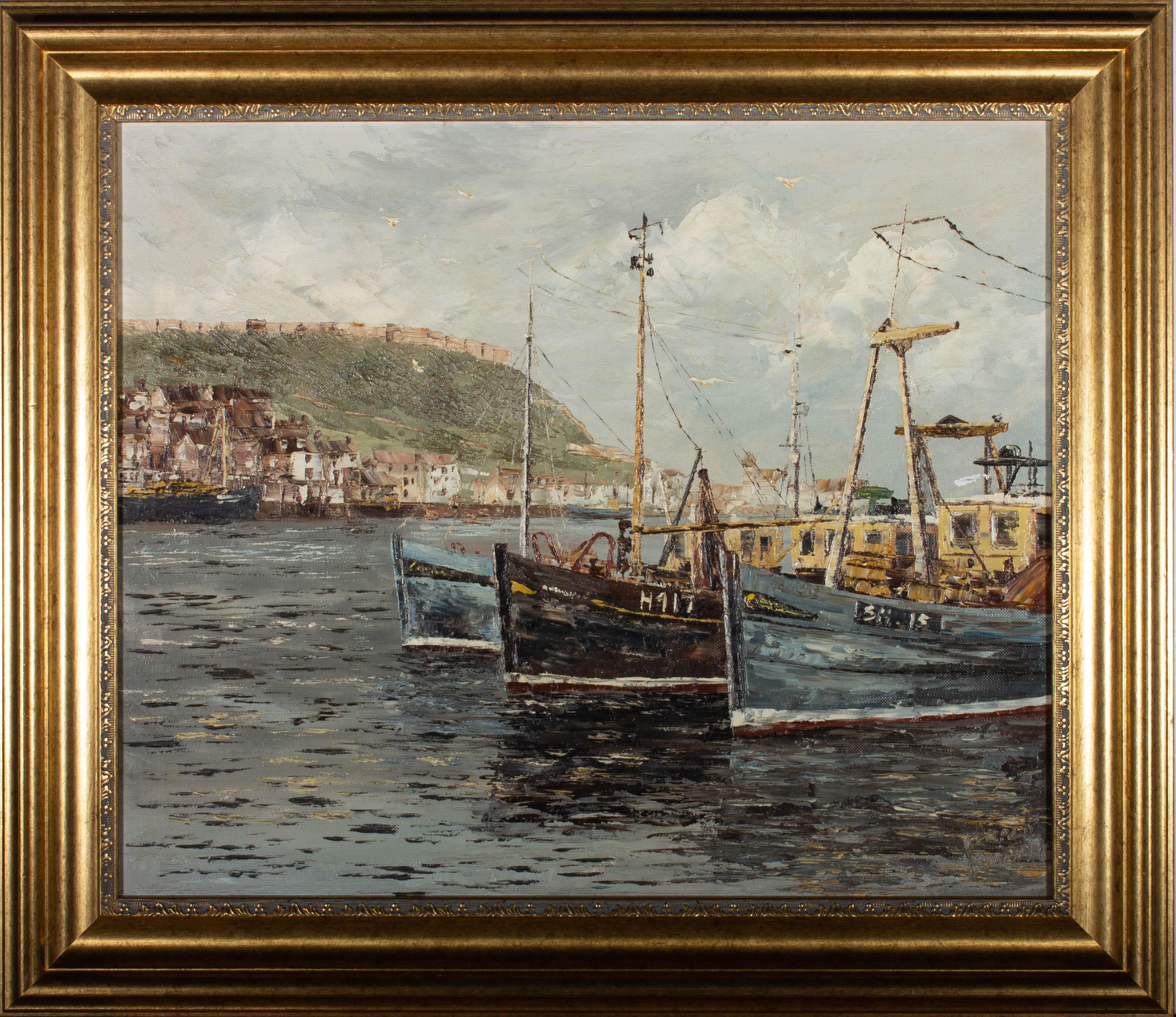 A fine impasto view of Scarborough harbour on a grey day. The artist has signed to the lower right and the painting has been presented in a gilt frame with foliate strap work. The artist has signed and inscribed to the reverse. On board.
