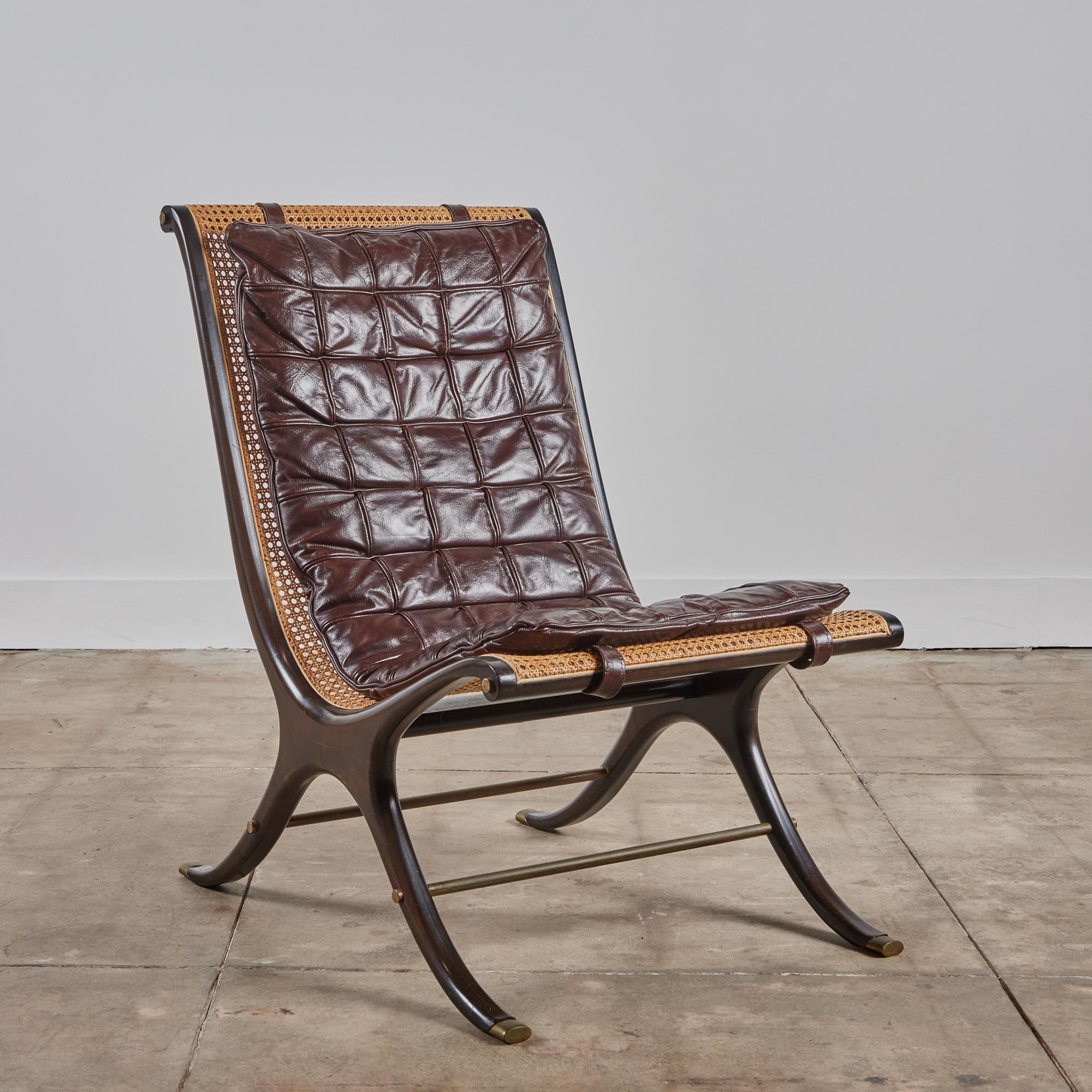 Lounge chair by Gerald Jerome for Heritage c.1960s, USA. This ebonized mahogany frame features a newly caned seat and seatback. The 
