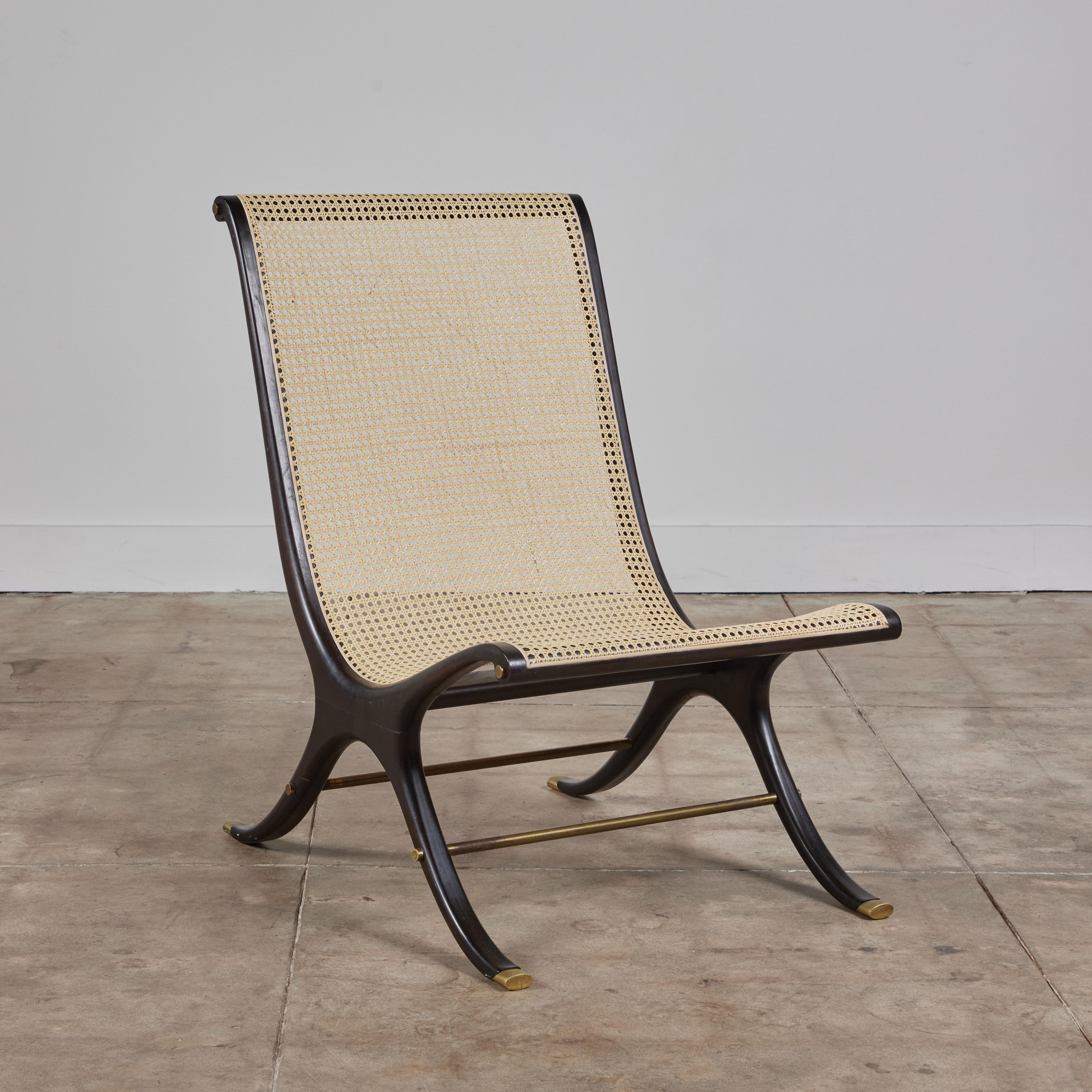 Lounge chair by Gerald Jerome for Heritage c.1960s, USA. This ebonized mahogany frame features a newly caned scoop seat and seatback. The 