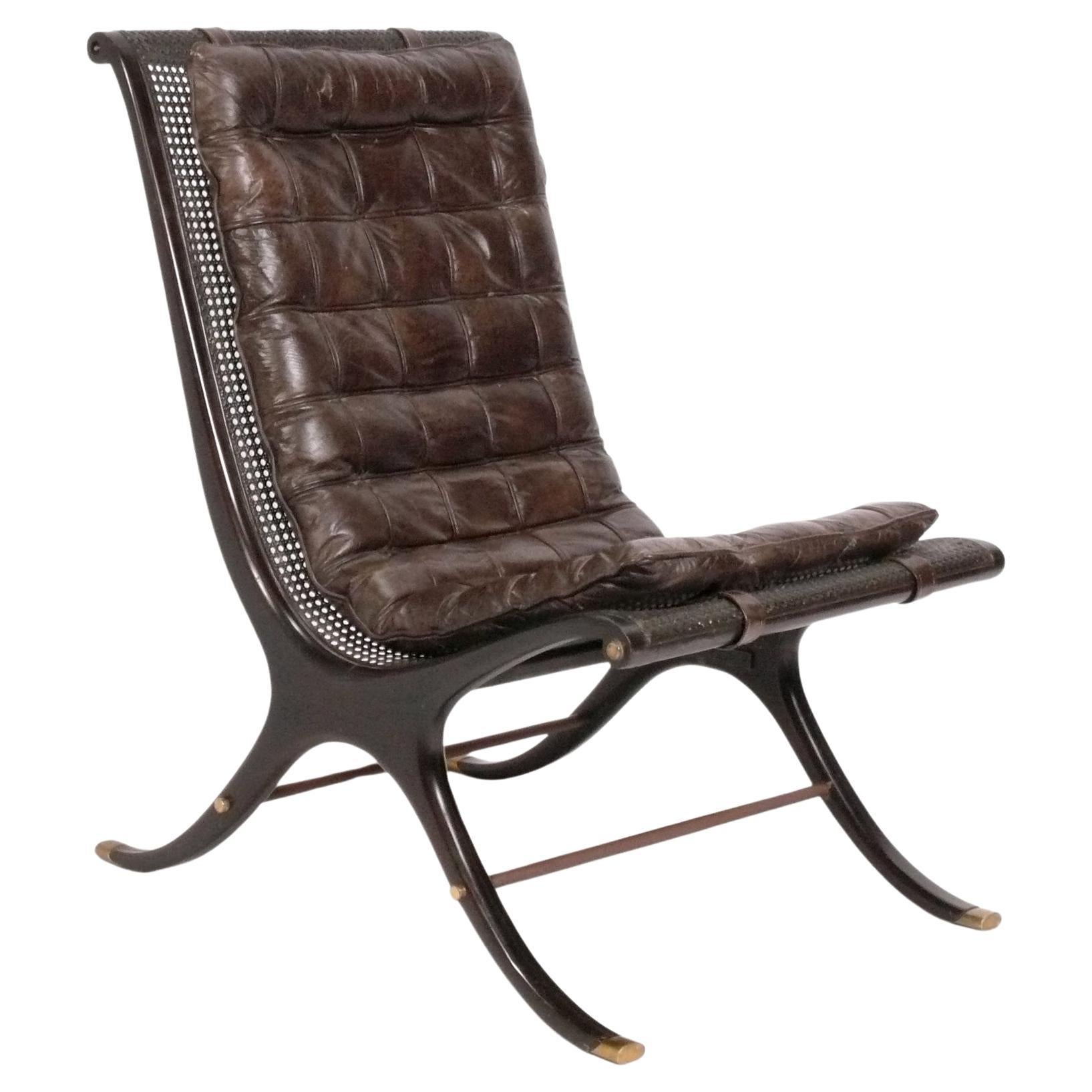 Gerald Jerome Curvaceous Leather and Caned Lounge Chair Mid Century Modern