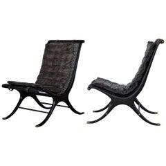 Gerald Jerome Pair of Cane and Leather Lounge Chairs for Heritage, 1960s