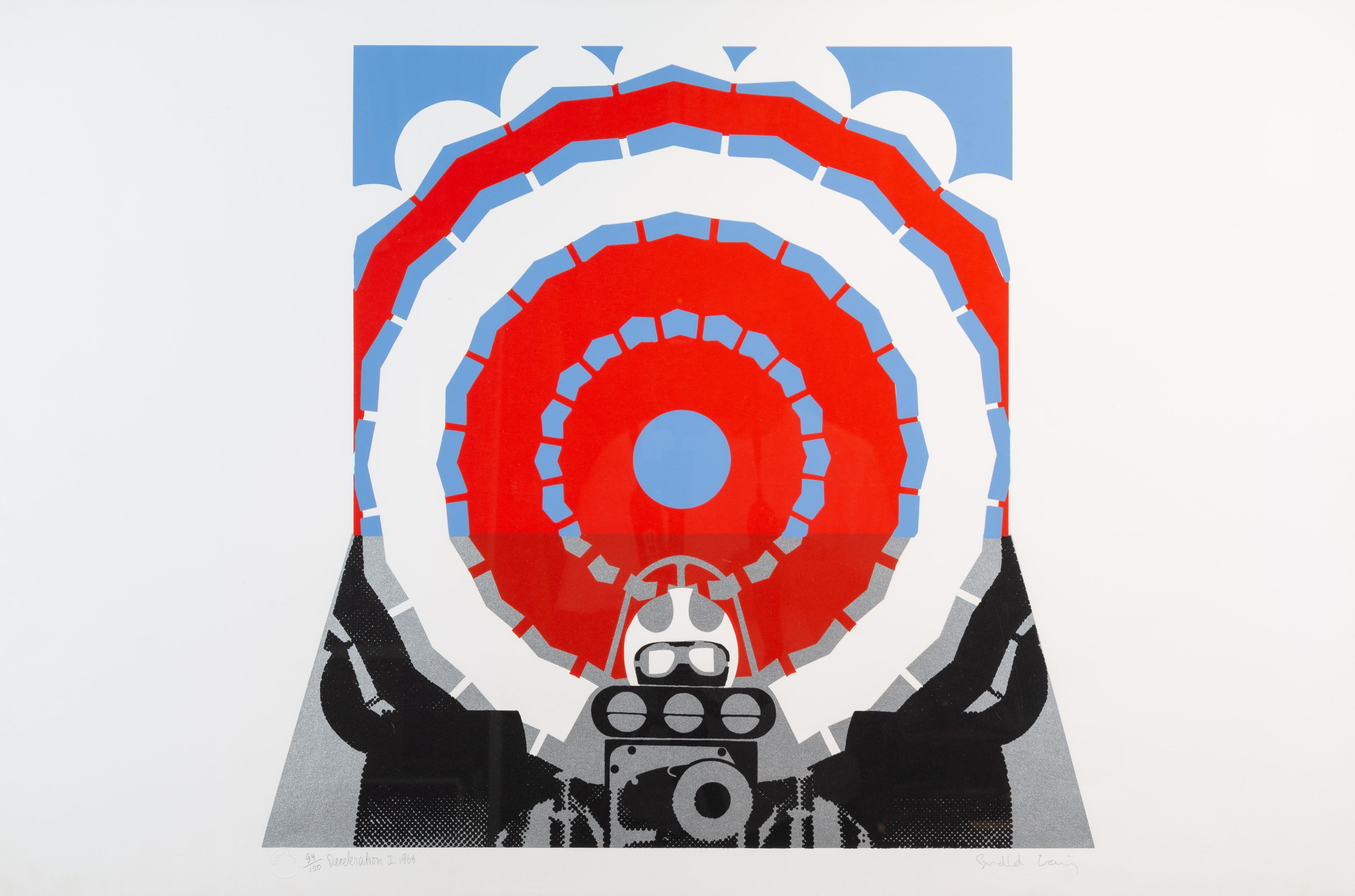 Deceleration I, 1968 - Graphic Pop Art Screenprint, White, Blue and Red, 20th C - Print by Gerald Laing
