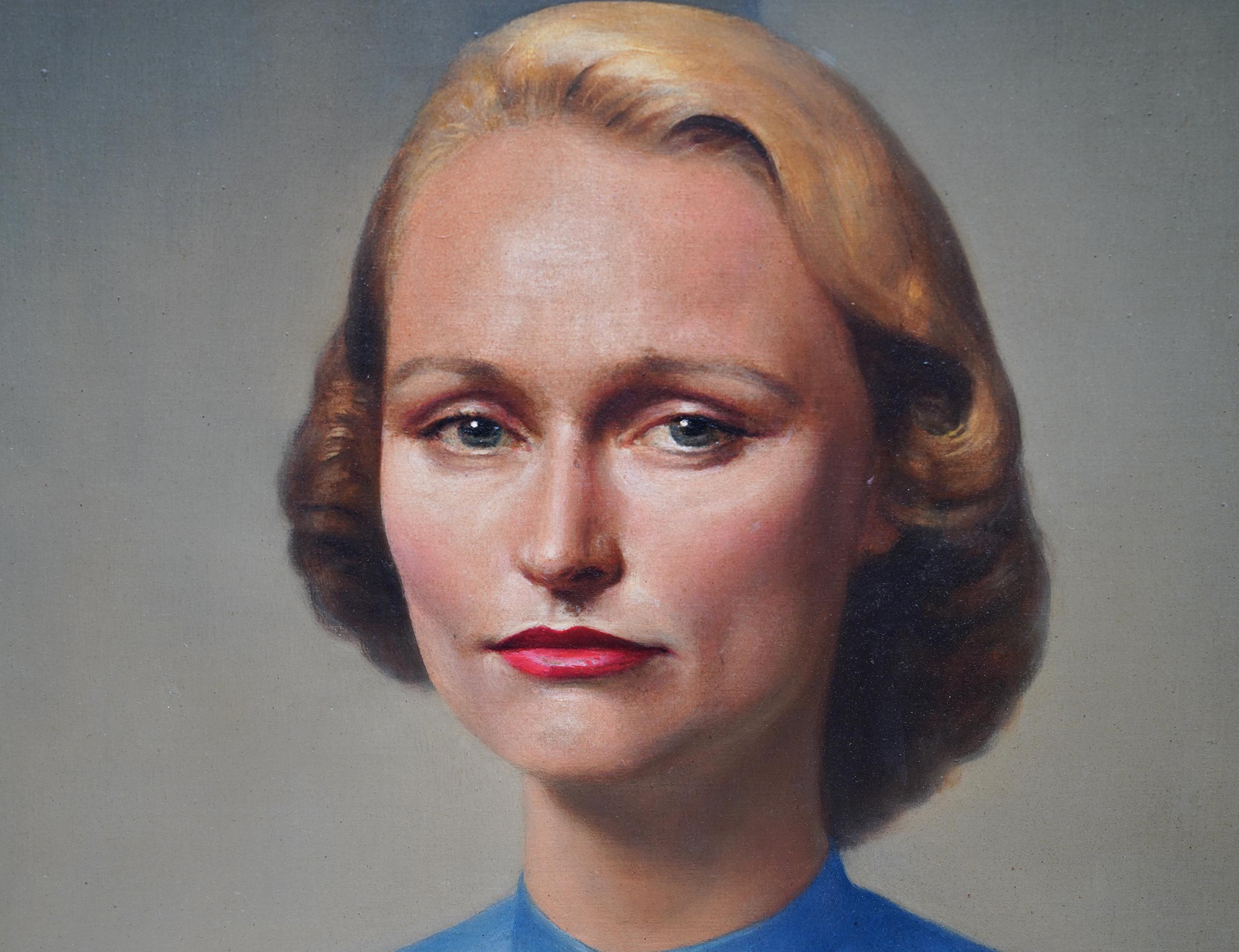 Portrait of Hope G. Simpson - British 1952 art female portrait oil painting - Gray Portrait Painting by Gerald Leslie Brockhurst