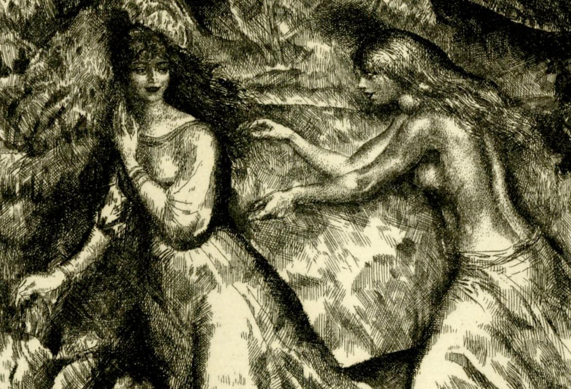 Etching, 1920
Signed in pencil
Edition: 110 examples
Very fine condition
Provenance: Colnaghi, London (stock numbers on reverse)
                      The artist'w widow, Dorette, 1998
This image is  influenced by English Pre-Raphaelite artists. 