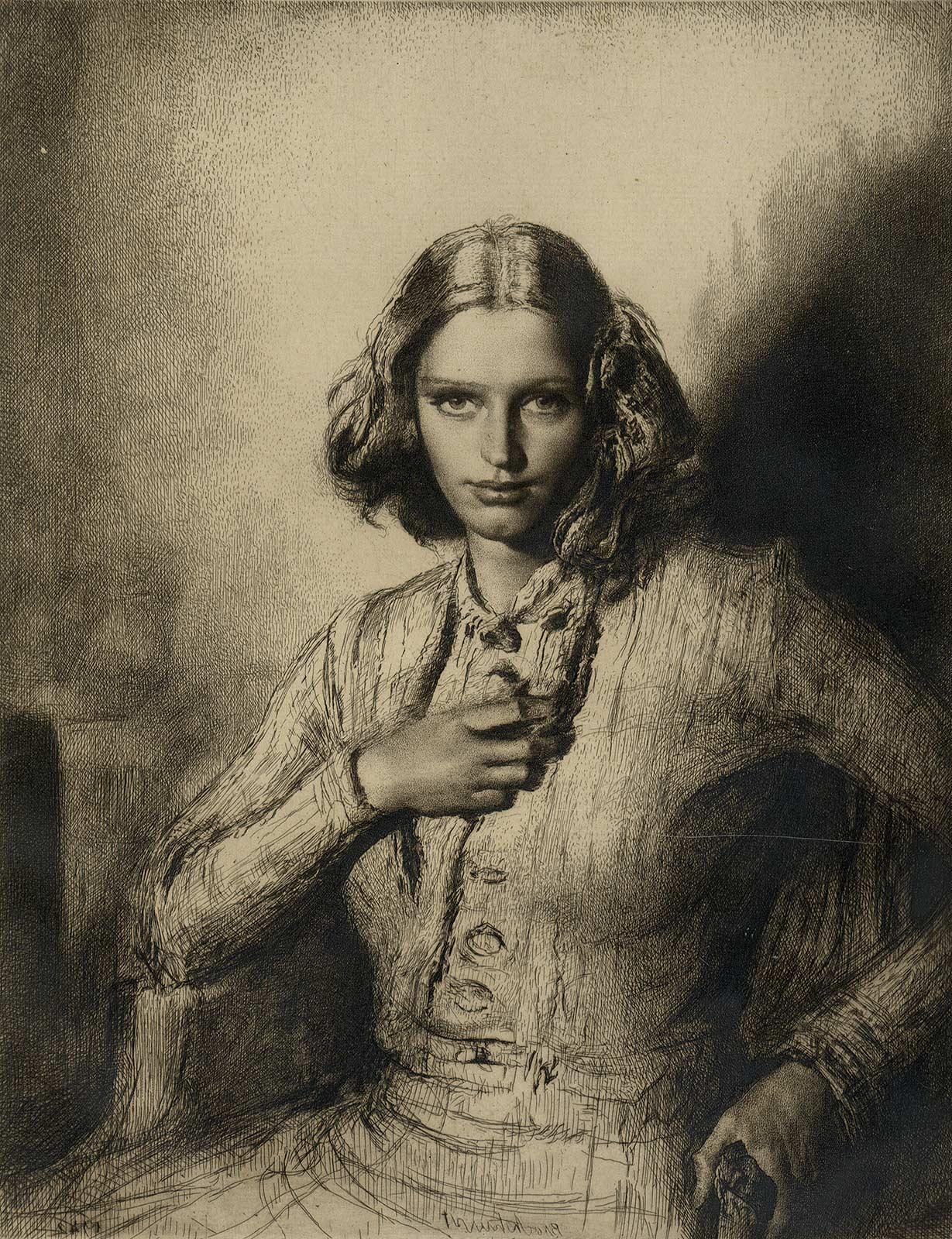 Portrait Print Gerald Leslie Brockhurst - OPHELIA  (Jeunesse Dore / Golden Youth - la maîtresse de l'artiste / deuxième épouse)