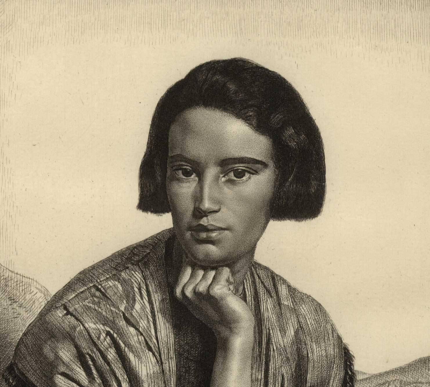 Viba (etched portrait of an elegant woman posed in front of a rocky landscape) - Print by Gerald Leslie Brockhurst